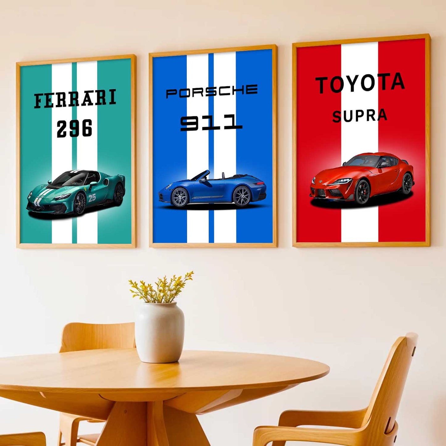 Ferrari 296, Porsche 911, Toyota Supra Car Wall Art Paintings for Living Room
