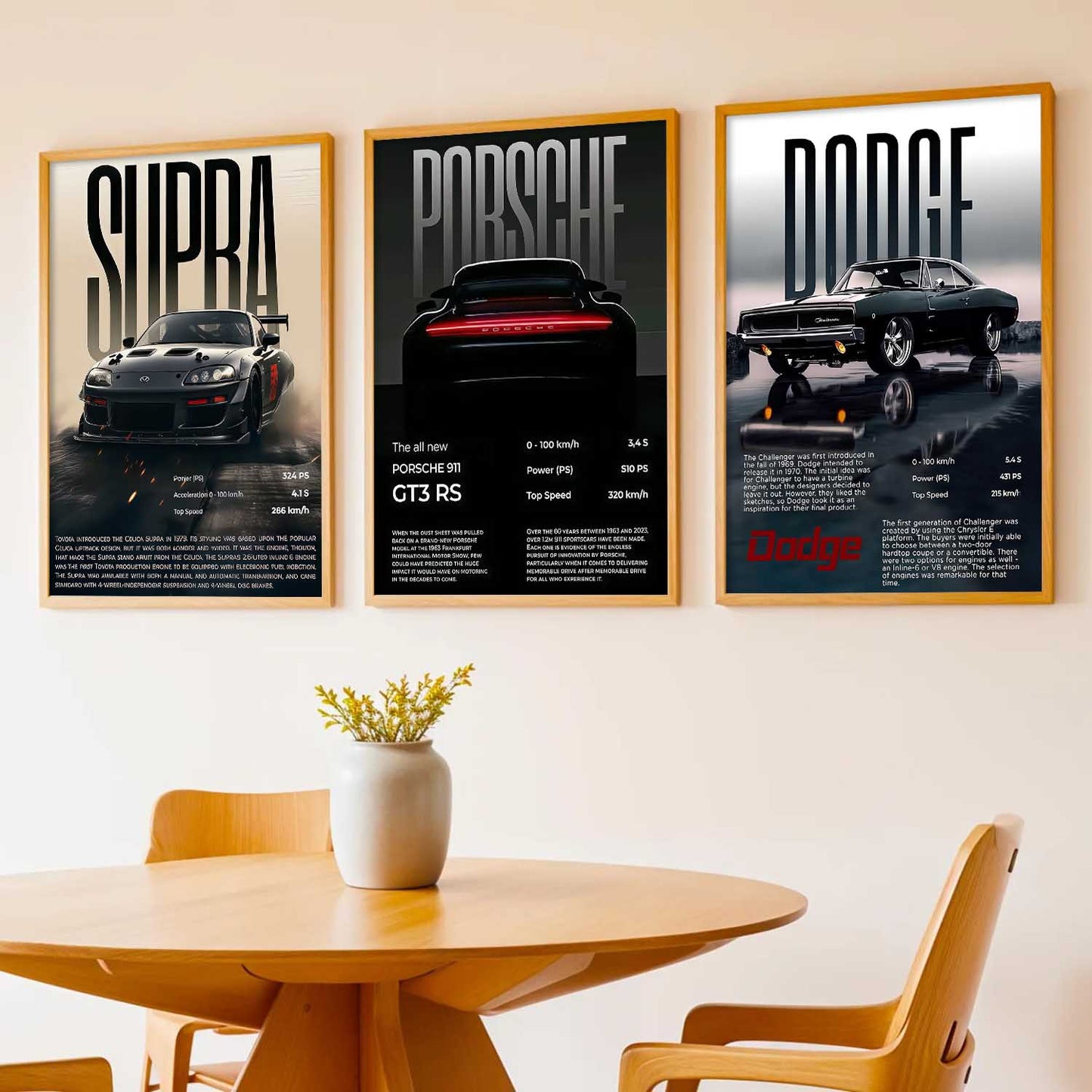 Big Toyota Supra, Porsche 911GT, Dodge Challenger Cars Wall Art Paintings for Living Room Bedroom