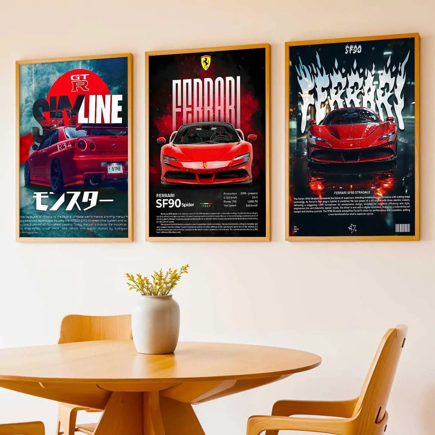 Big Ferrari SF90 Spider, Skyline GTR, Ferrari SF90 Stradale Cars Wall Art Paintings for Living Room Bedroom