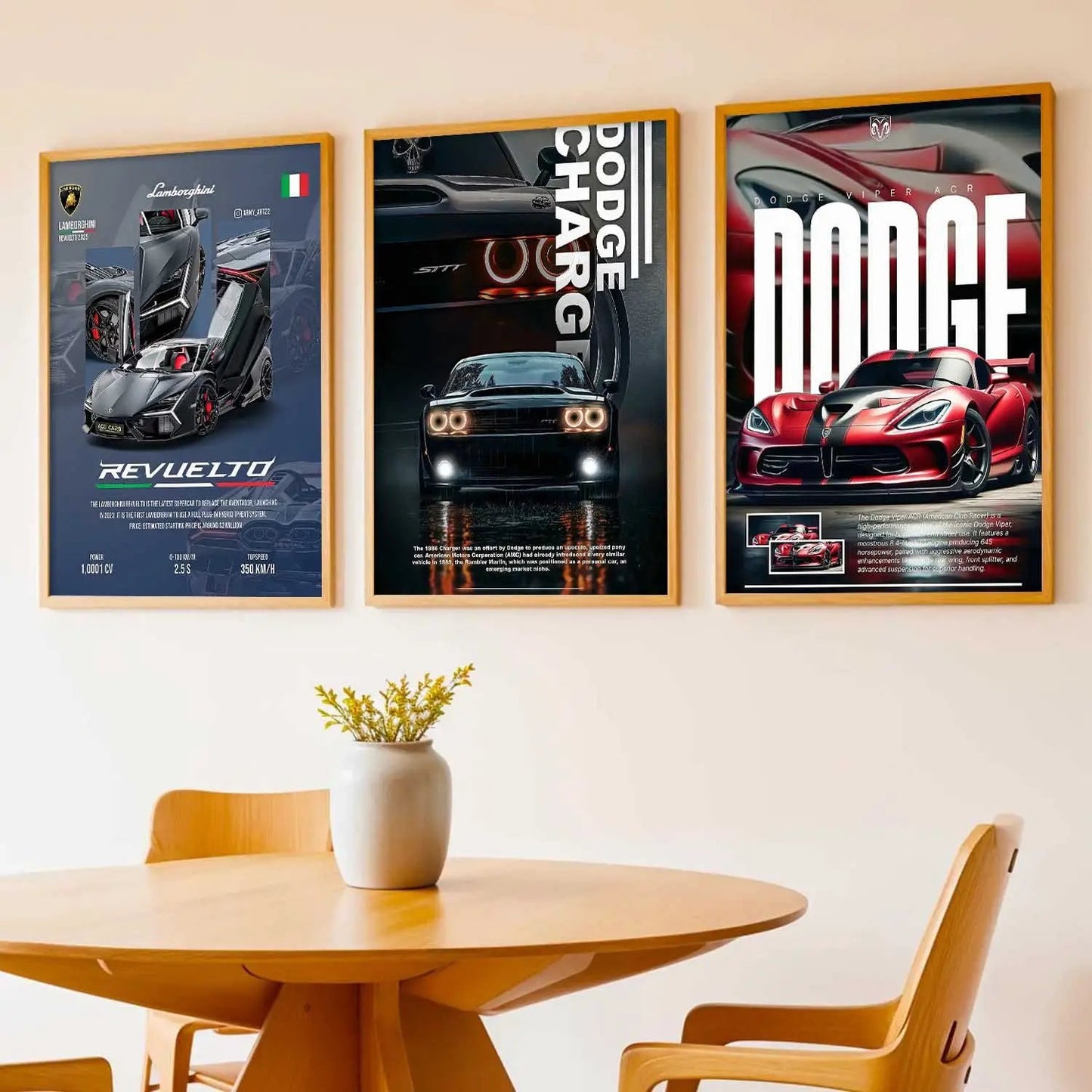 Big Lamborghini Revuelto, Dodge Charge, Dodge Viper Cars Wall Art Paintings for Living Room Bedroom