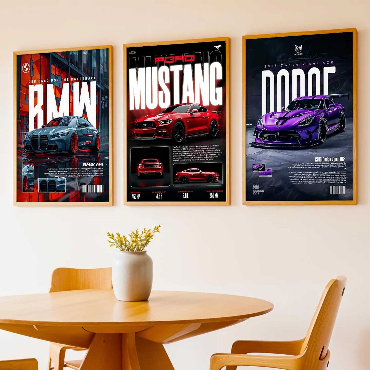 Big BMW M4, Ford Mustang, Dodge Viper Cars Wall Art Paintings for Living Room Bedroom