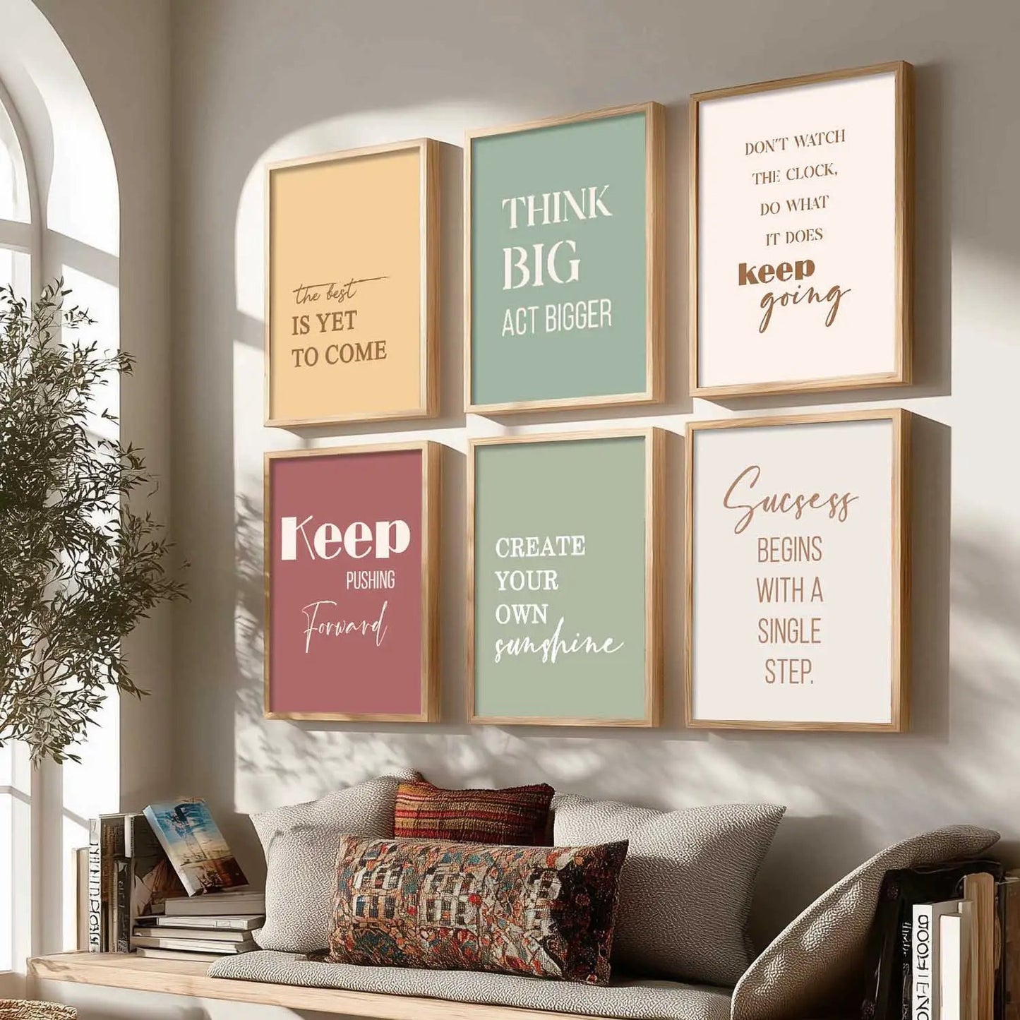 Motivational Quotes Pastel Colors Posters with Frame for Office Living Room Bedroom Study Room School Wall Decor Set of 6