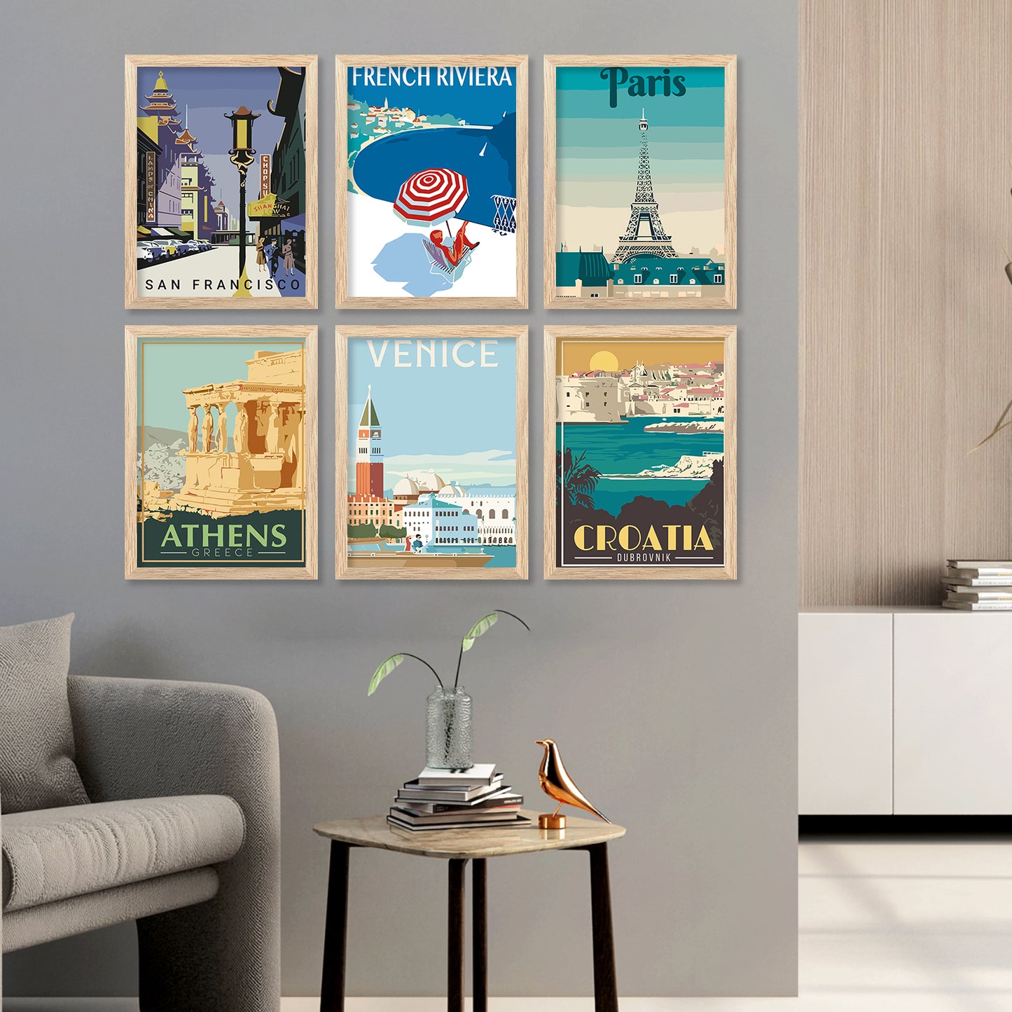 Travel Theme Iconic City View Retro Framed Posters for Wall Decor Set of 6