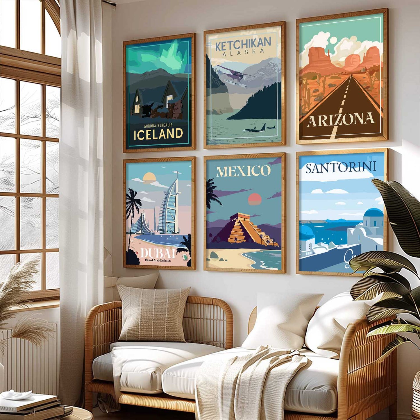Travel Theme Iconic City View Retro Framed Posters for Wall Decor Set of 6