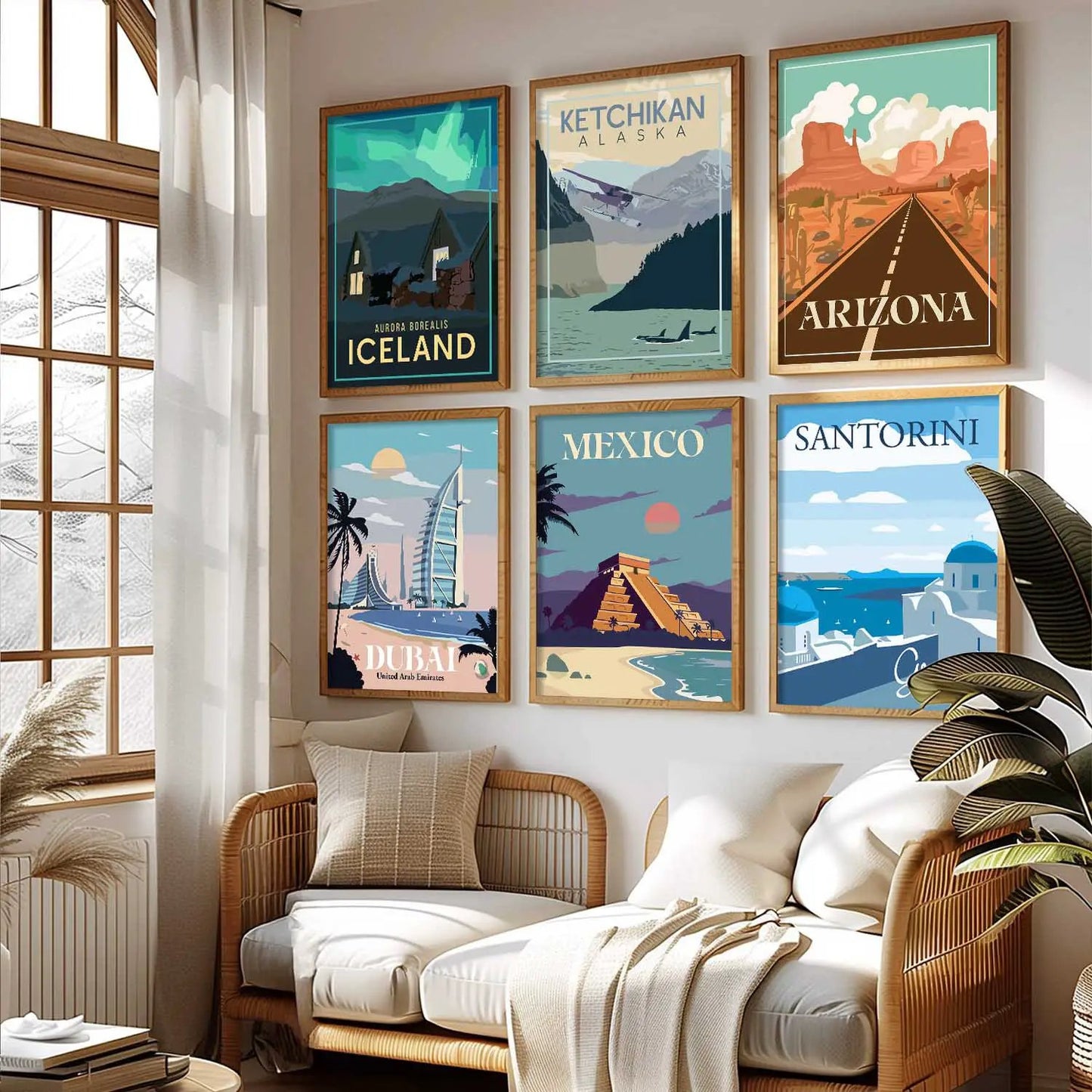 Travel Theme Iconic City View Retro Framed Posters for Wall Decor Set of 6