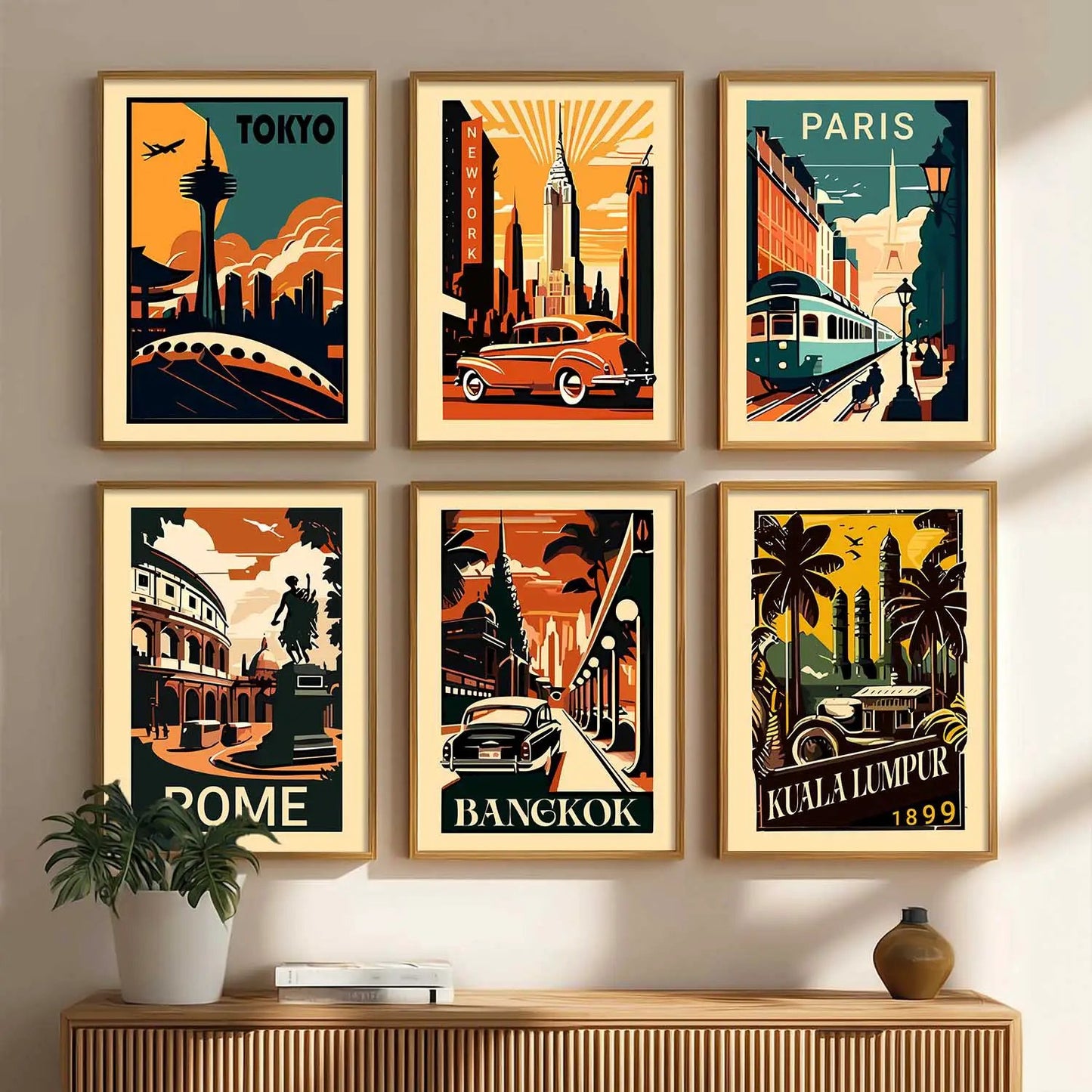 Travel Theme Iconic City View Retro Framed Posters for Wall Decor Set of 6