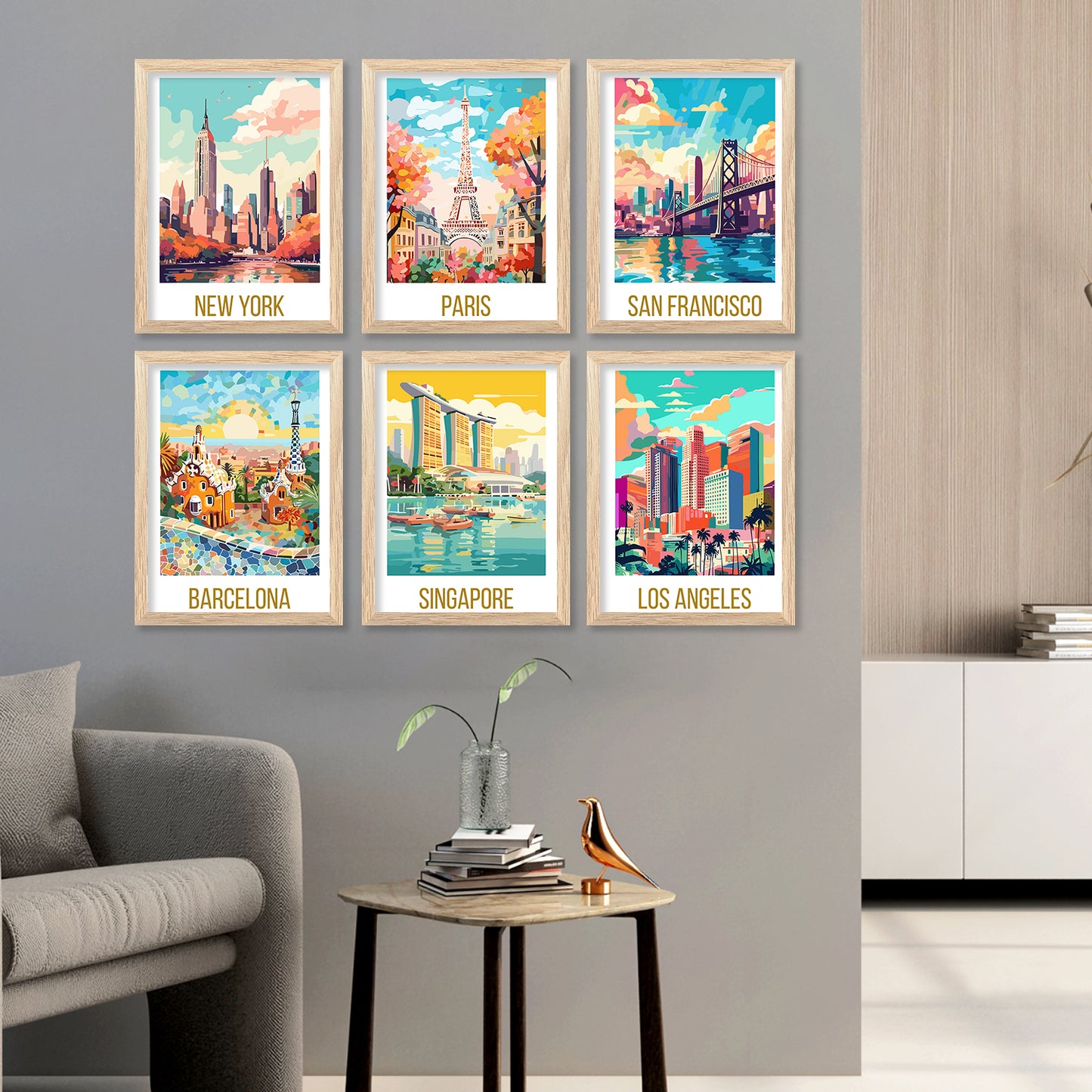 Travel Theme Iconic City View Retro Framed Posters for Wall Decor Set of 6
