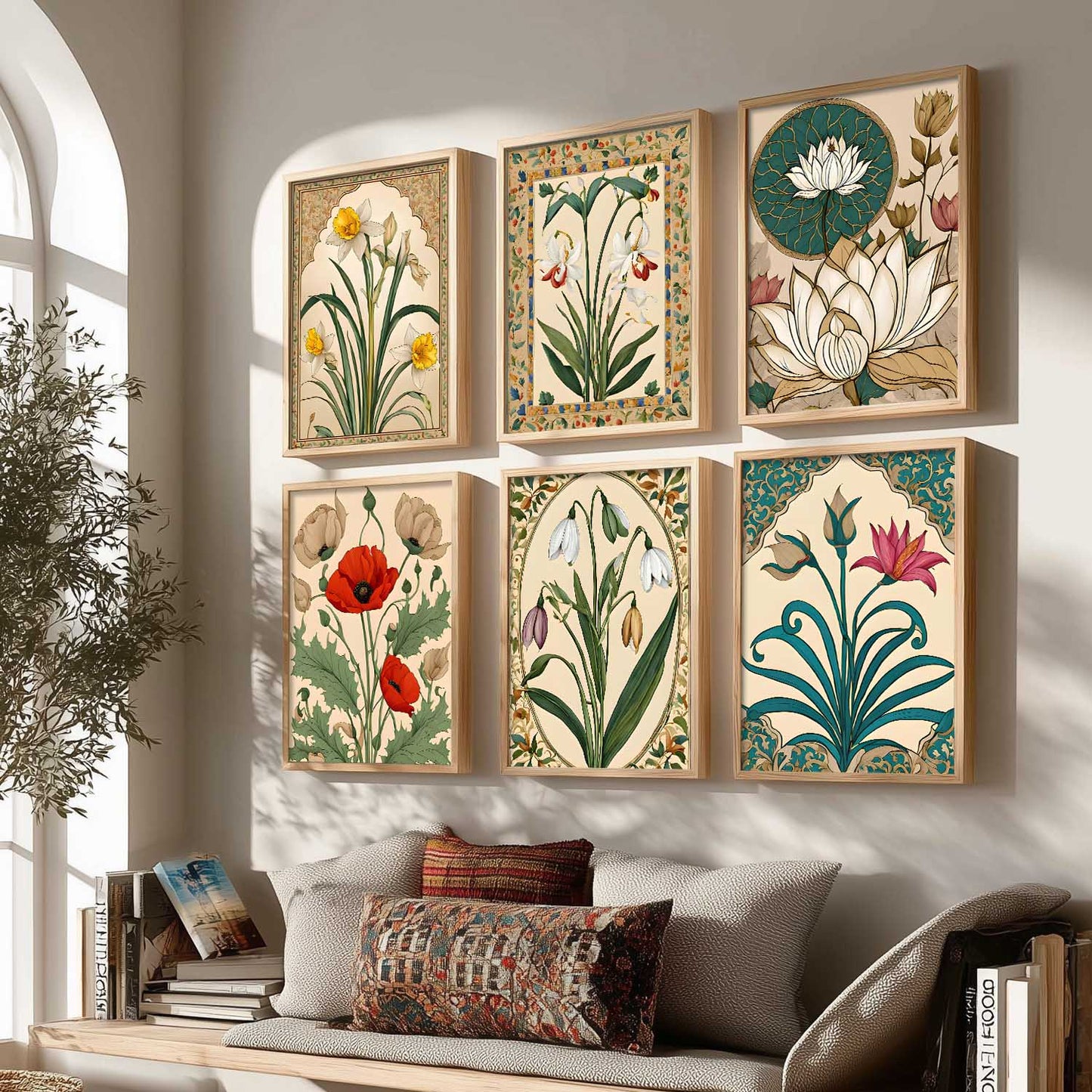 Traditional Indian Inspired Madhubani Art Prints with Frame for Living Room Bedroom Home and Office Wall Decor Set of 6