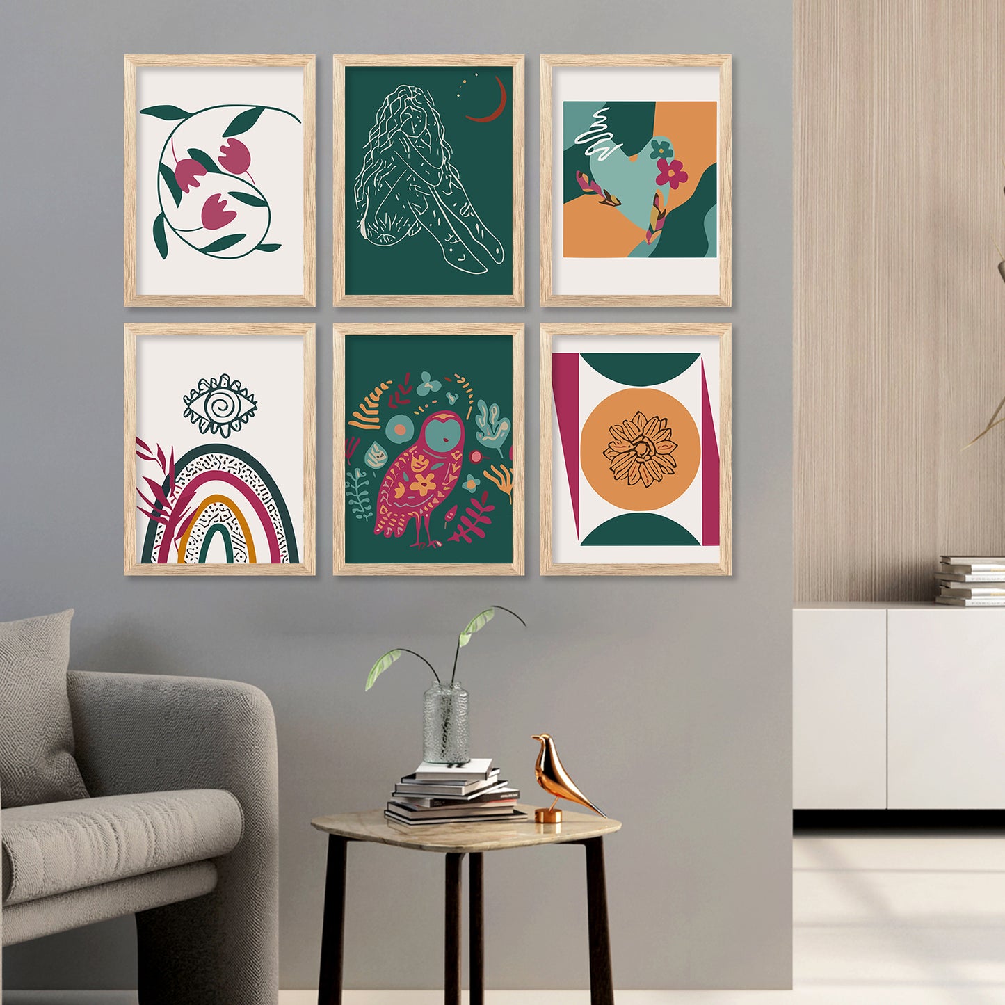 Boho-Inspired Wall Art Prints with Frame for Living Room Bedroom Home and Office Wall Decor Set of 6
