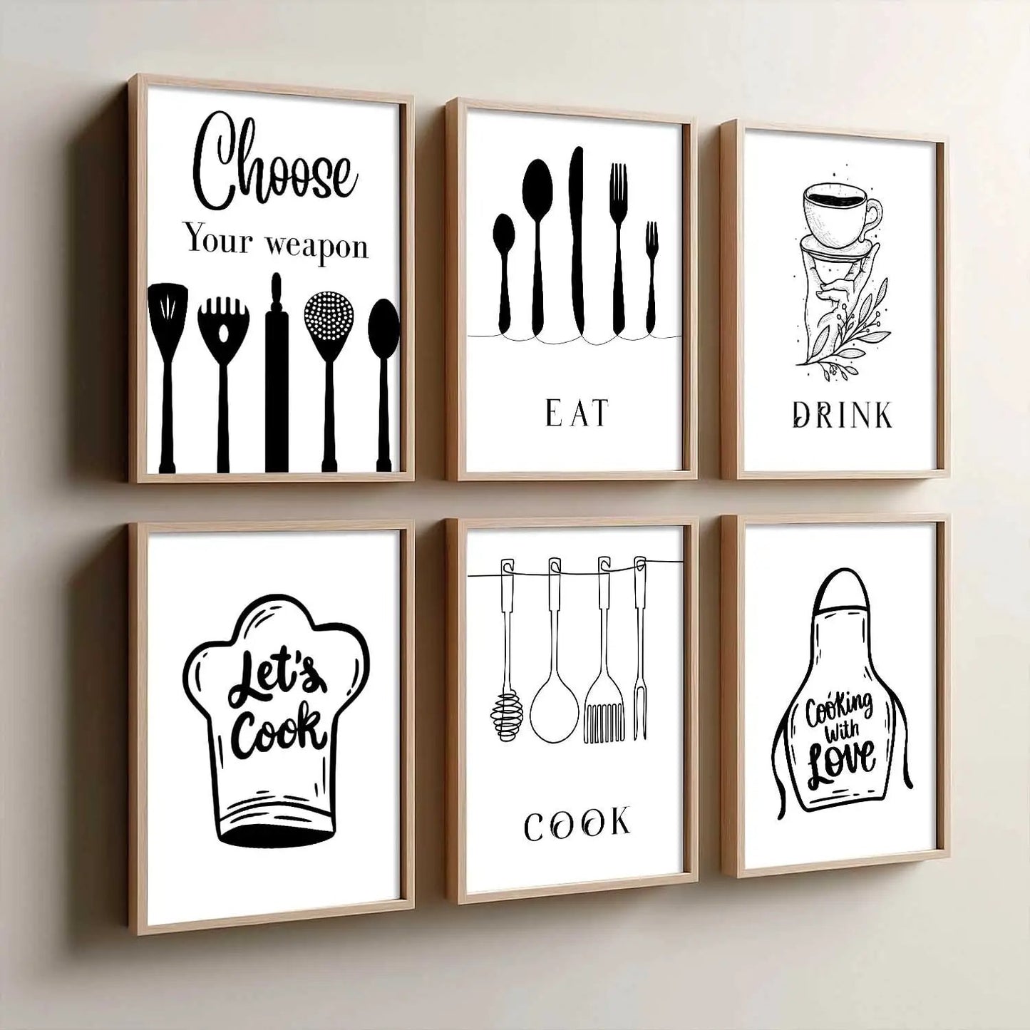 Kitchen Theme Framed Posters for Restaurant Kitchen Dinning Room Cafe Wall Decor Set of 6