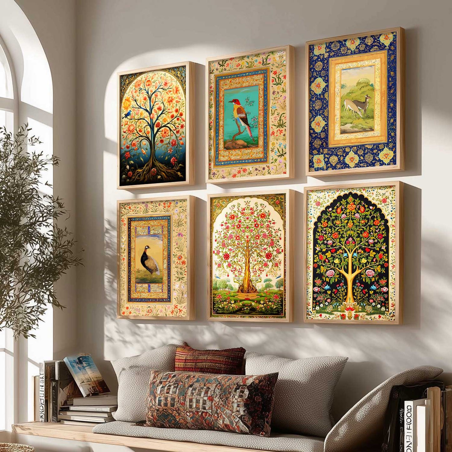 Traditional Indian Madhubani / Pichwai Art Framed Posters for Home Living Room Bedroom Wall Decor Set of 6
