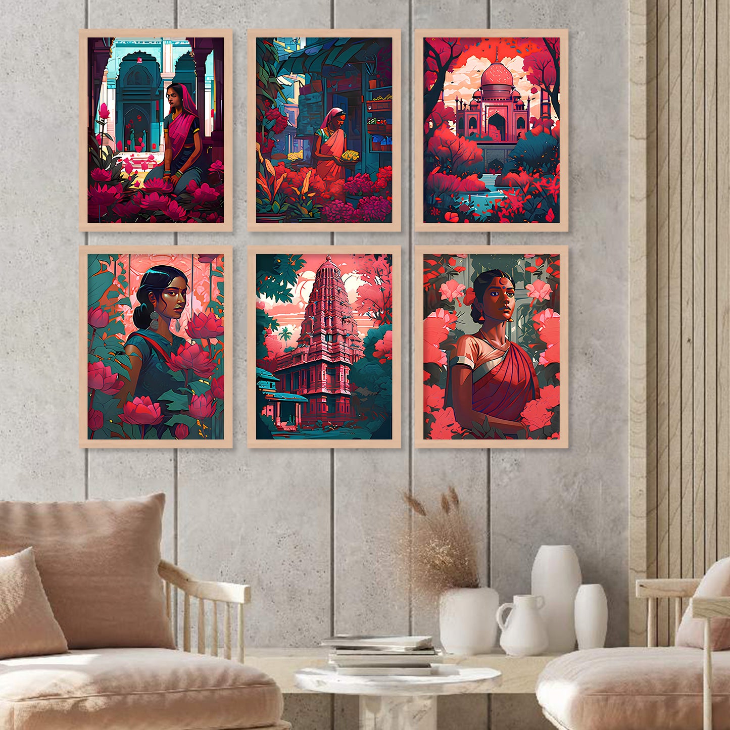 Traditional Indian Art Framed Posters for Home Living Room Bedroom and Office Wall Decor Set of 6