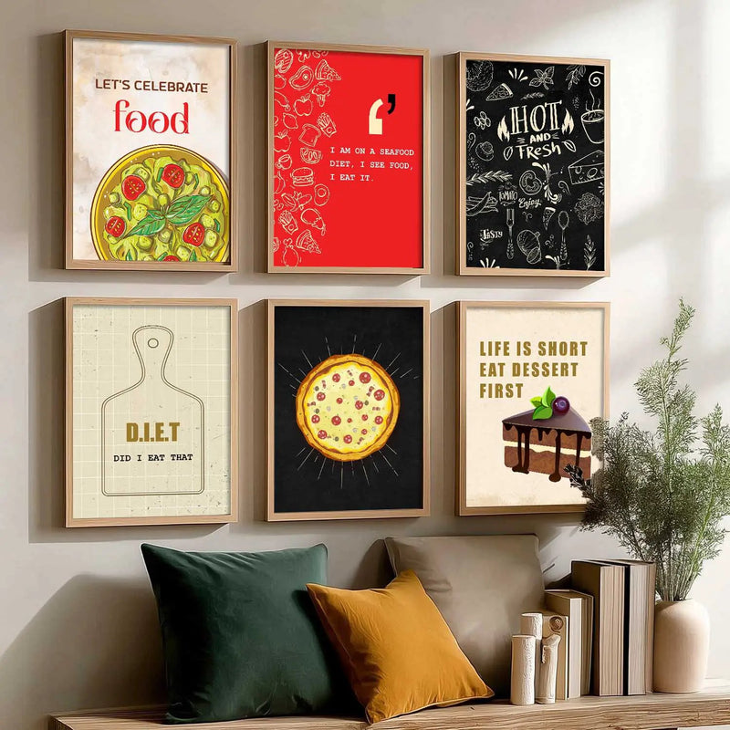 Kitchen Theme Framed Posters for Restaurant Kitchen Dinning Room Cafe Wall Decor Set of 6
