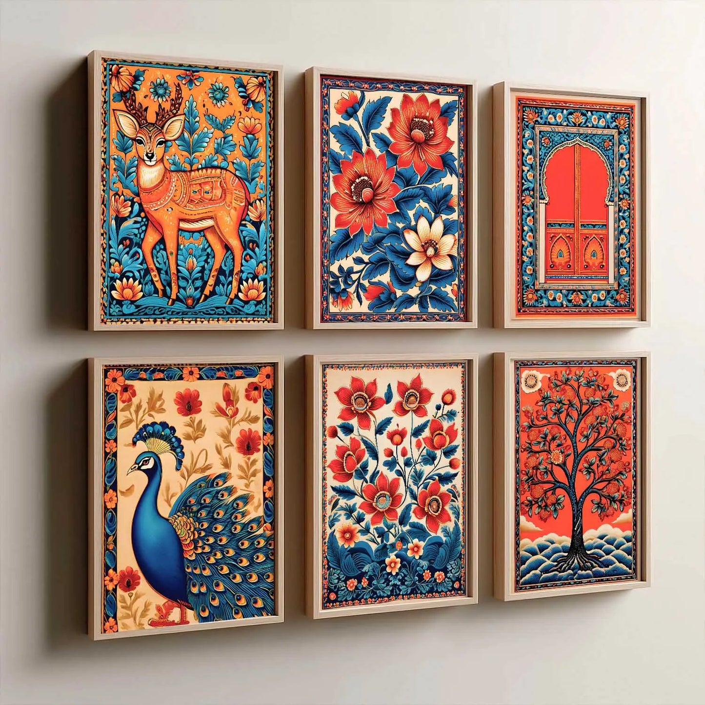 Traditional Indian Inspired Madhubani Art Prints with Frame for Living Room