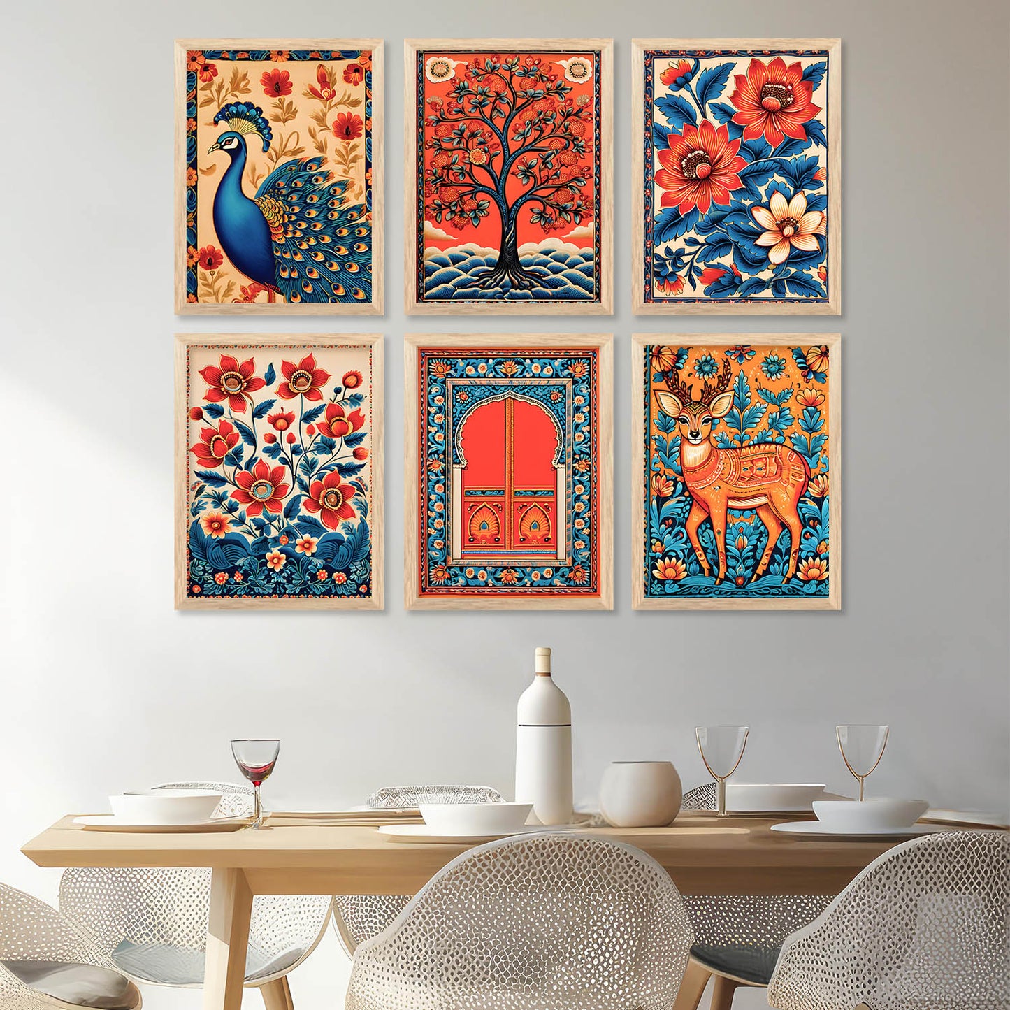 Traditional Indian Inspired Madhubani Art Prints with Frame for Living Room