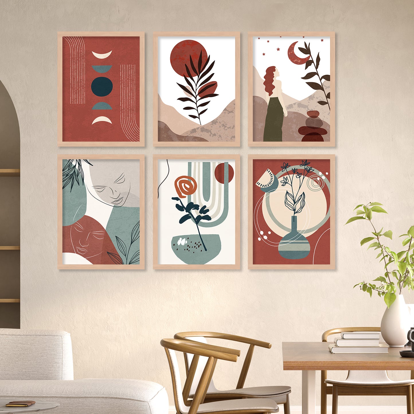 Minimal Boho Art Framed Posters for Home Living Room Bedroom and Office Wall Decor Set of 6