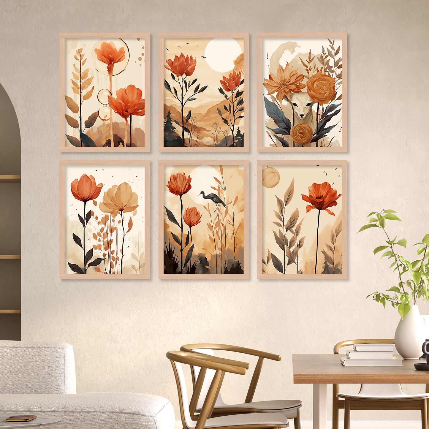 Floral Art Framed Posters for Home Living Room Bedroom and Office Wall Decor Set of 6