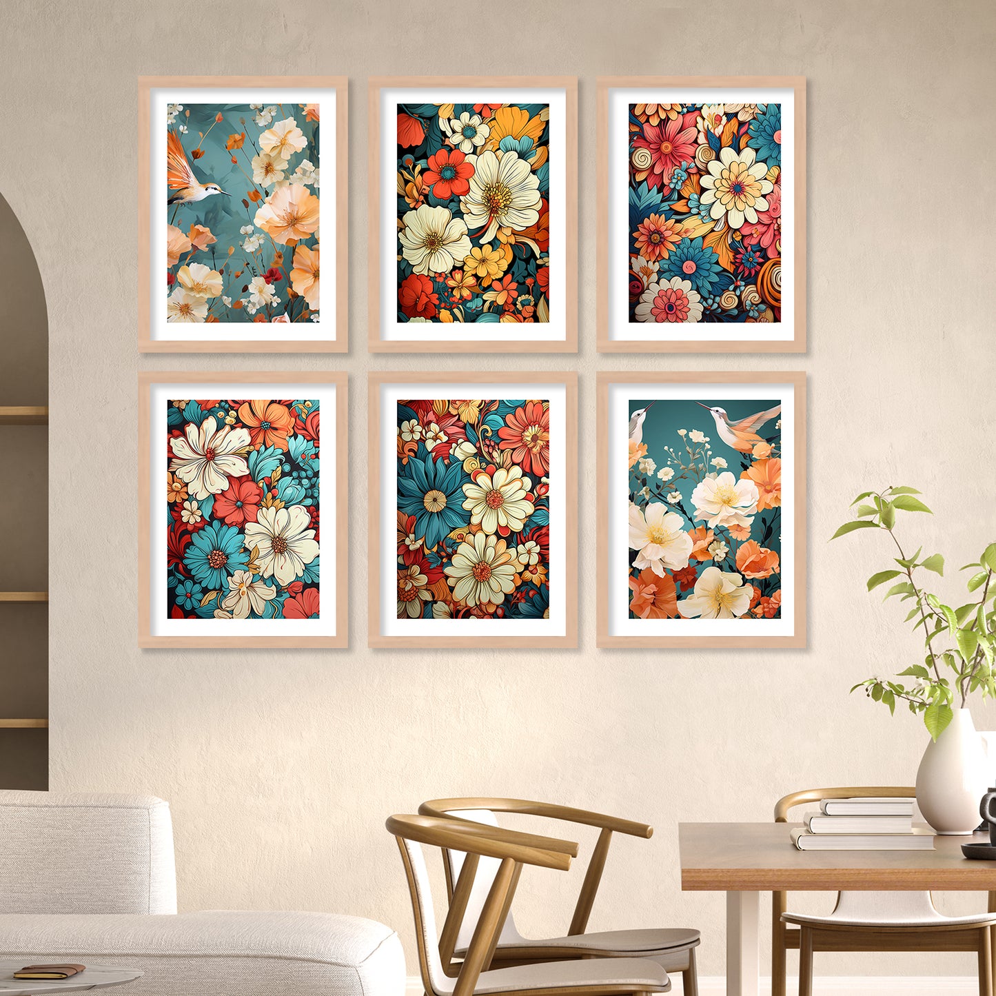 Floral Art Framed Posters for Home Living Room Bedroom and Office Wall Decor Set of 6