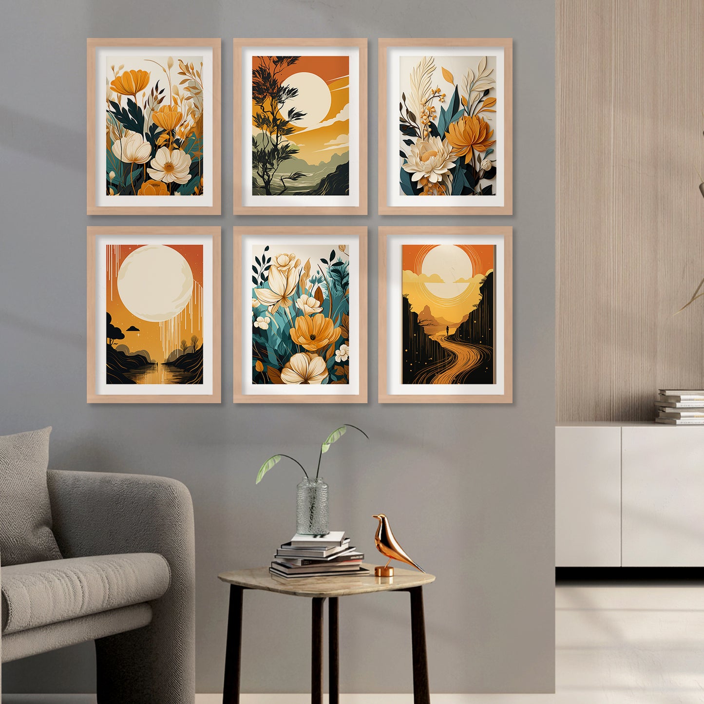 Floral Art Framed Posters for Home Living Room Bedroom and Office Wall Decor Set of 6