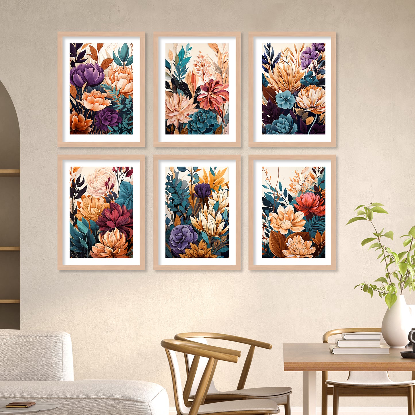 Floral Art Framed Posters for Home Living Room Bedroom and Office Wall Decor Set of 6