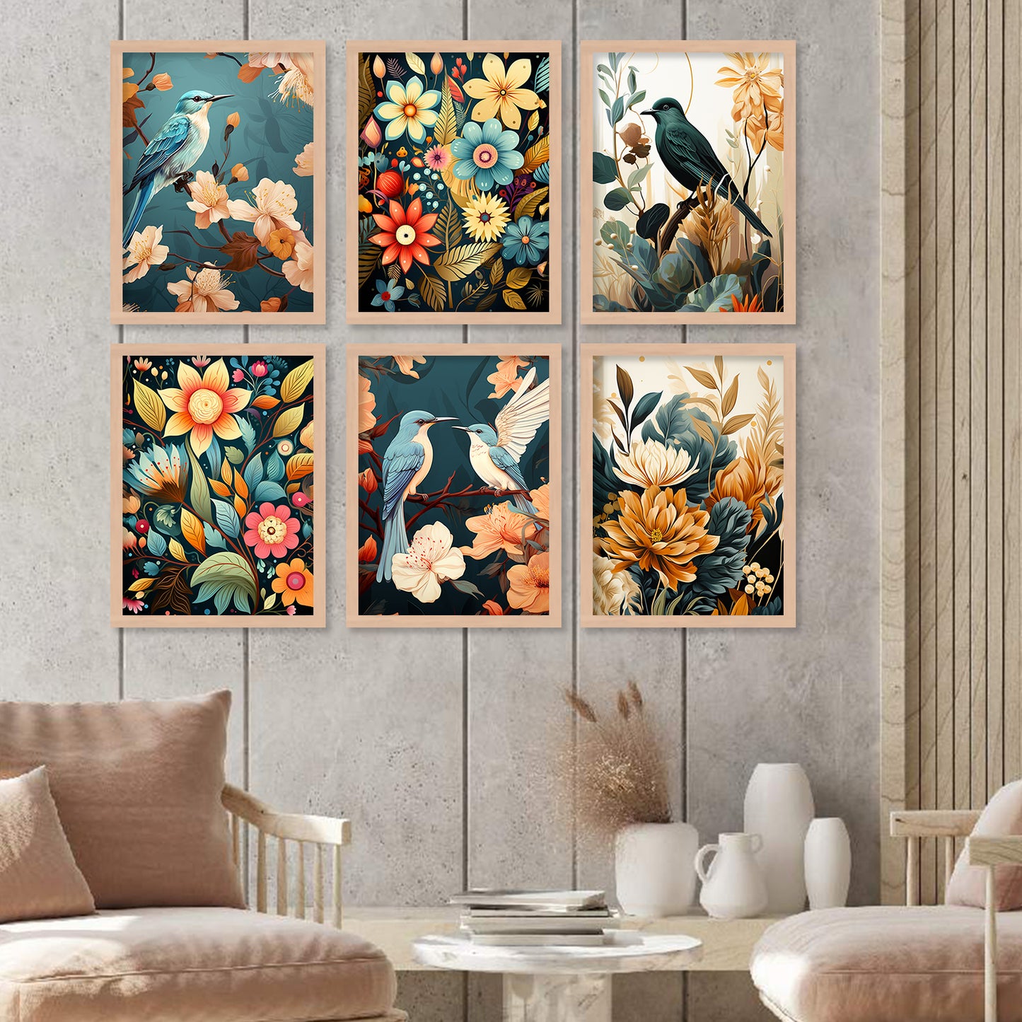 Floral Art Framed Posters for Home Living Room Bedroom and Office Wall Decor Set of 6