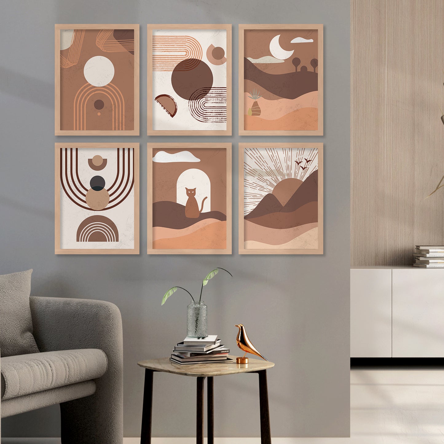 Minimal Boho Art Framed Posters for Home Living Room Bedroom and Office Wall Decor Set of 6