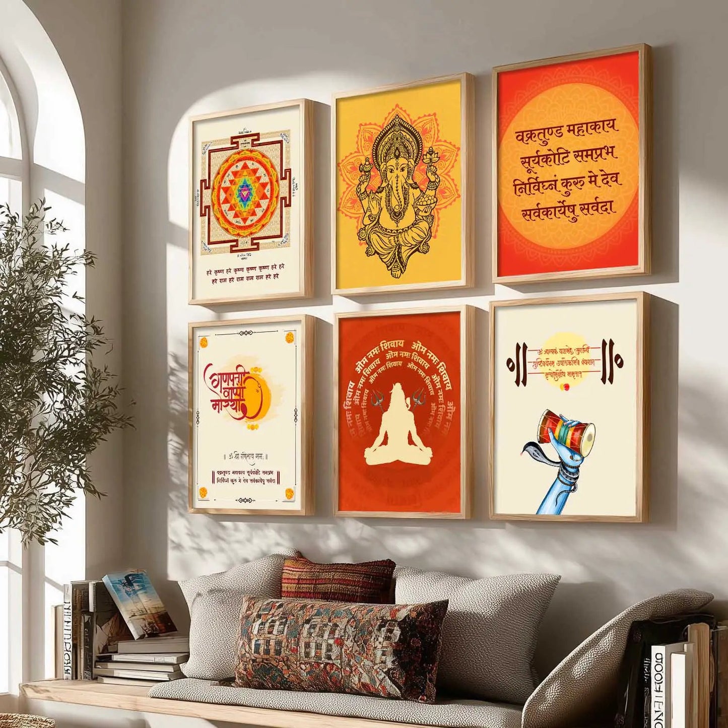 Ganesh Ji, Mahamrityunjay Mantra, Vakra Tunde Mahakaya Wall Art Paintings with Frame for Living Room Bedroom
