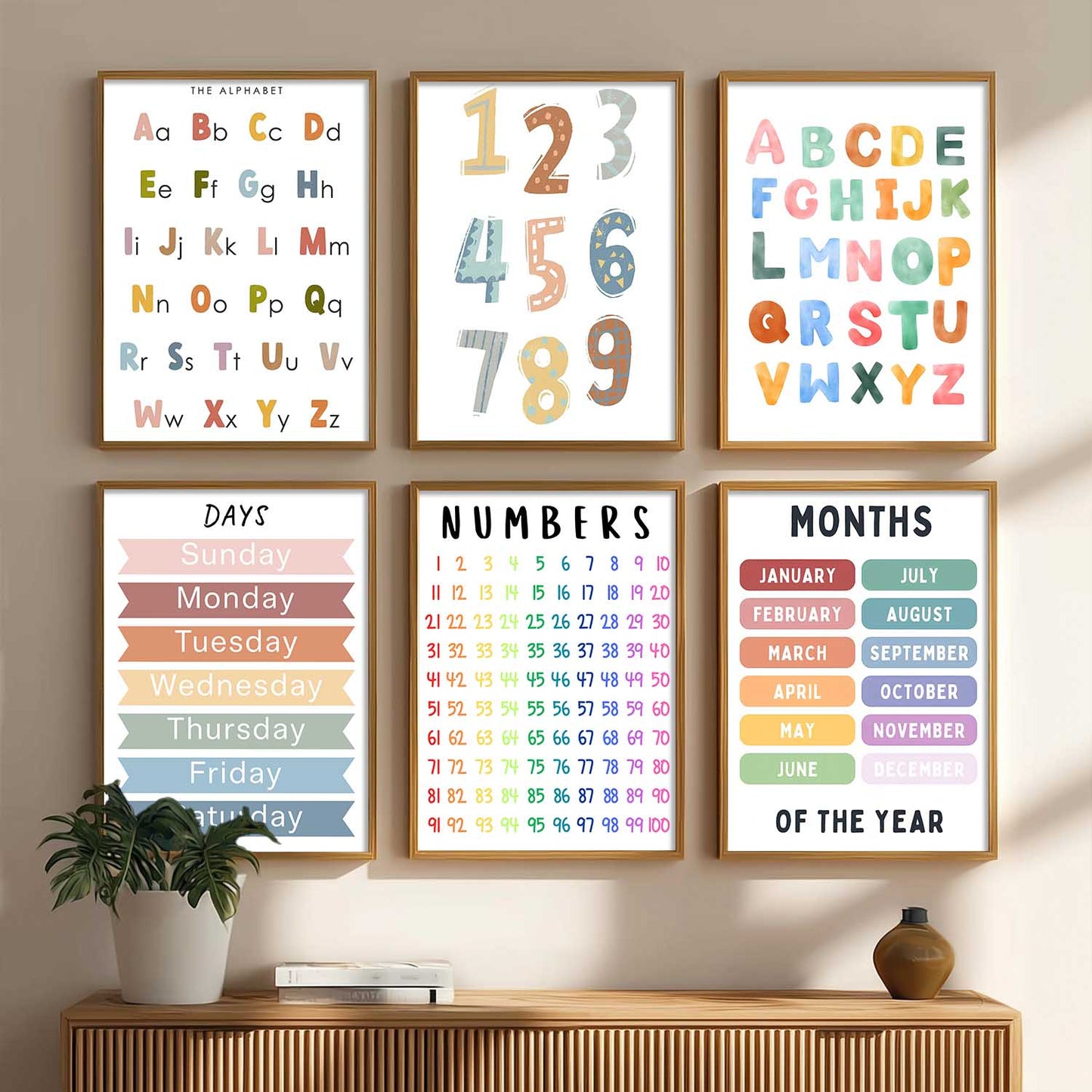 Educational Alphabets Numbers Days Months Wall Art Paintings with Frame for Living Room Bedroom