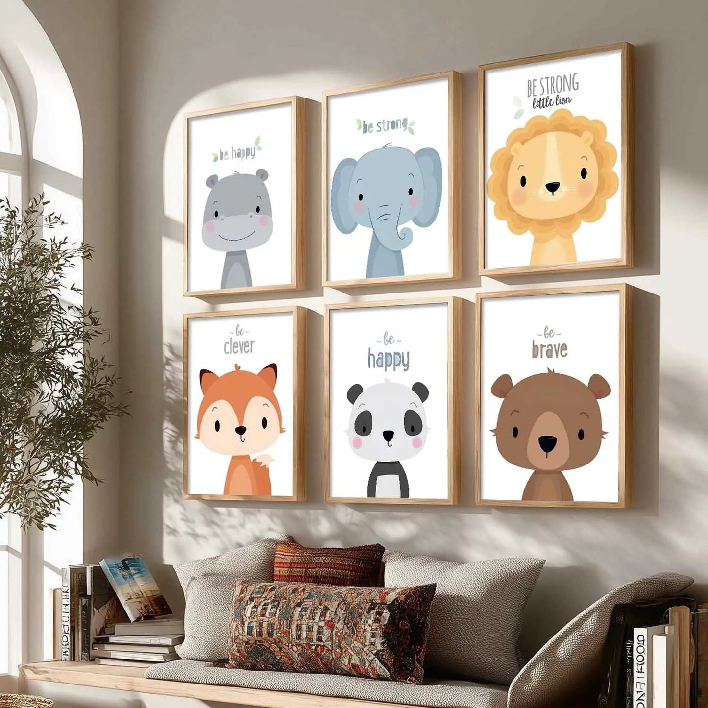 Safari Animals Cartoon Animals Wall Art Paintings with Frame for Living Room Bedroom