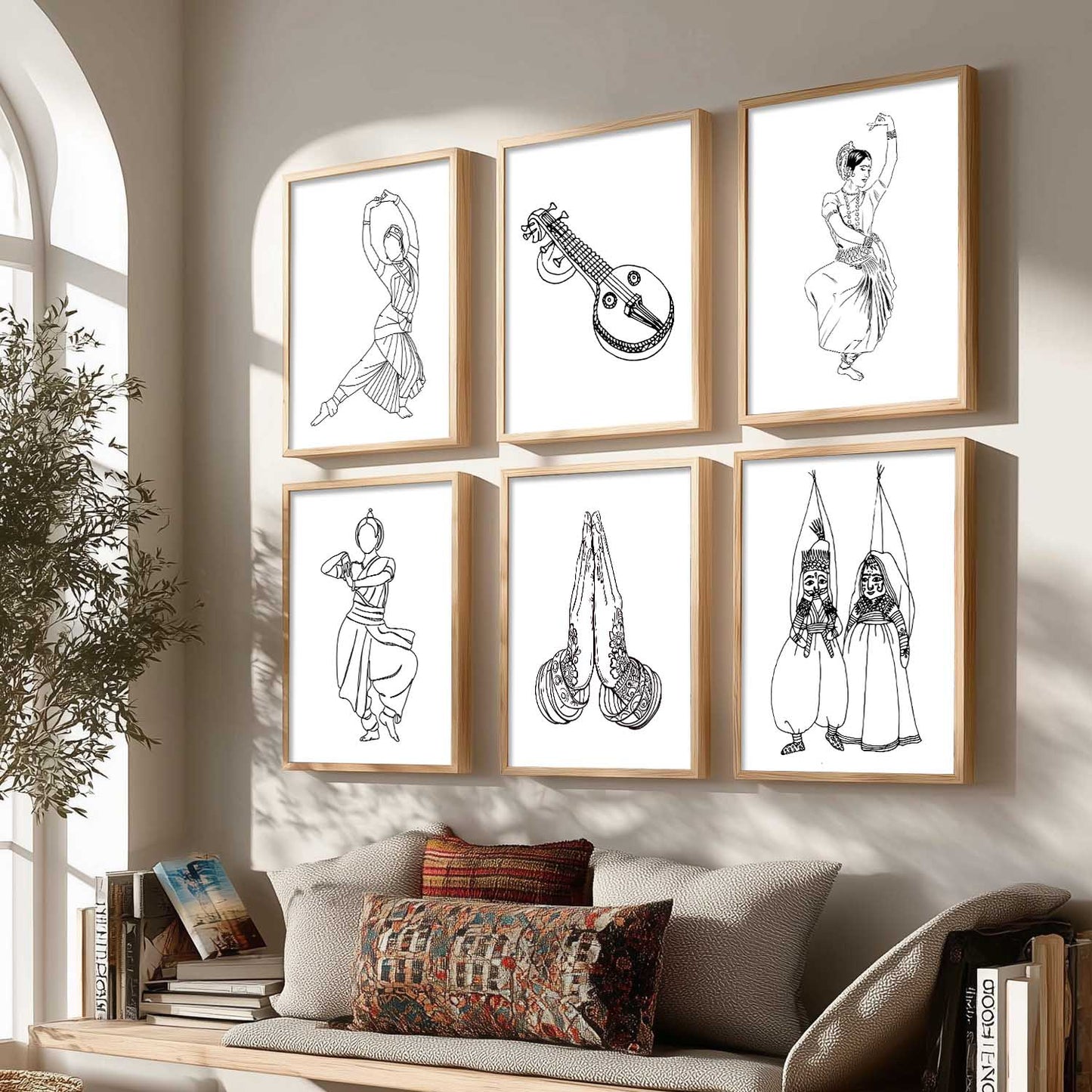 Minimalist Bharatnatyam Dance Line Wall Art Paintings with Frame for Living Room Bedroom