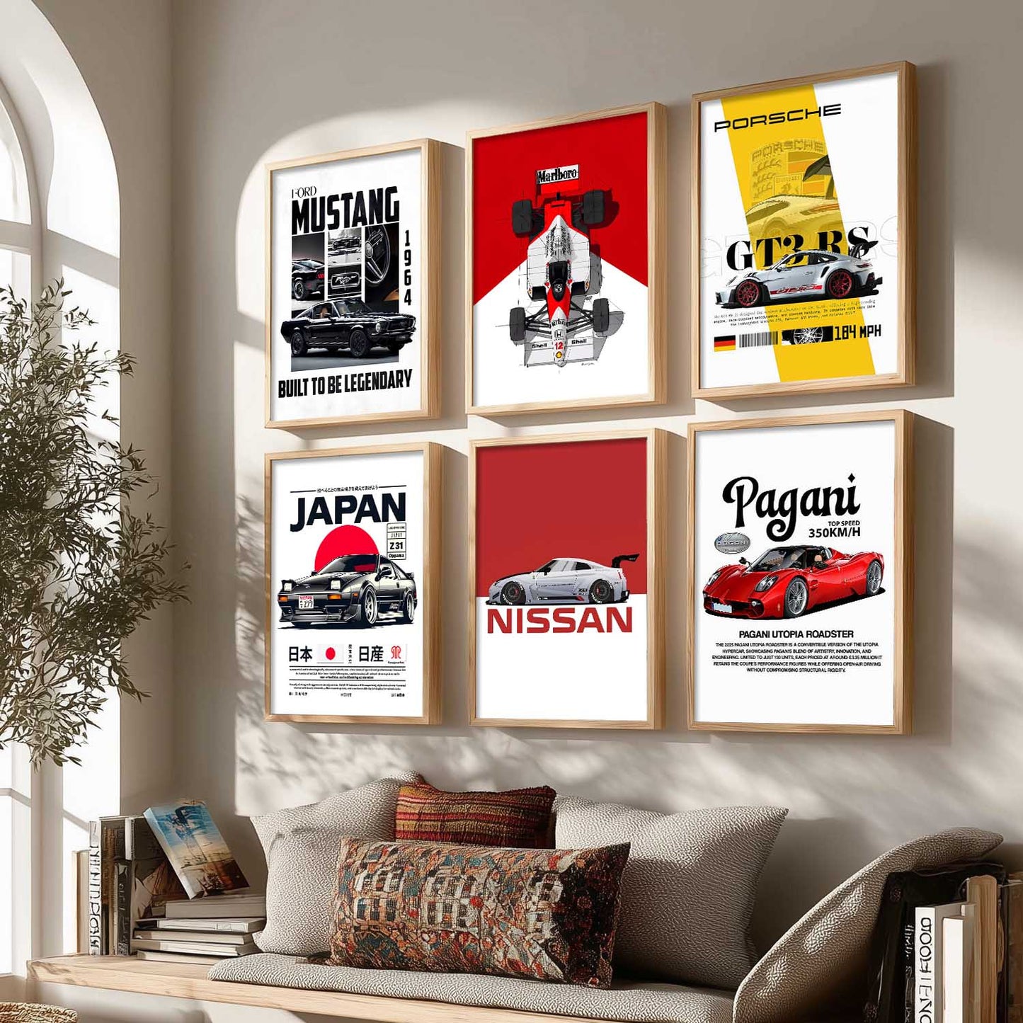 Porsche 911 Ford Mustang Nissan GT Car Wall Art Paintings with Frame for Living Room Bedroom