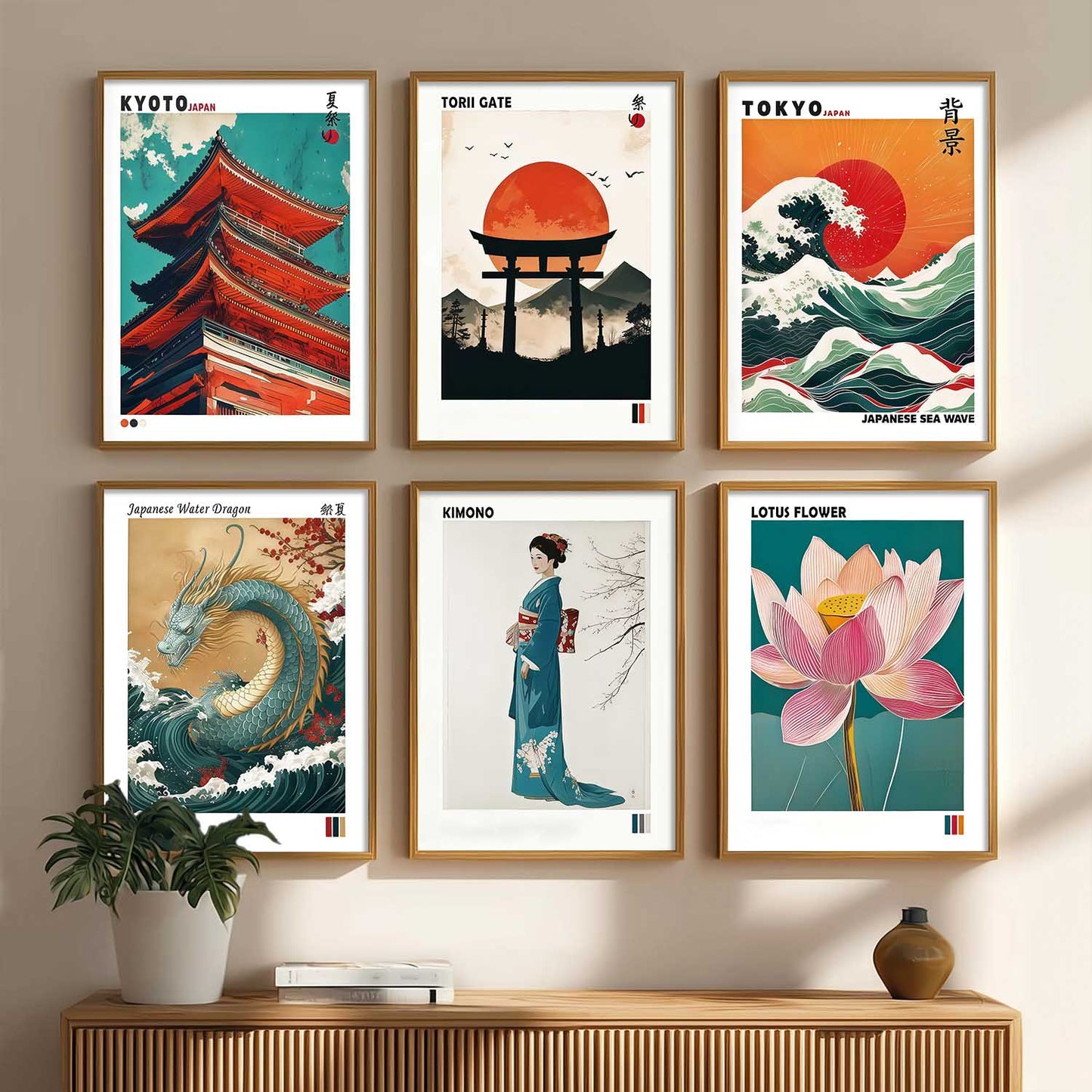 Japanese Waves and City View Aesthetic Wall Art Paintings with Frame for Living Room Bedroom