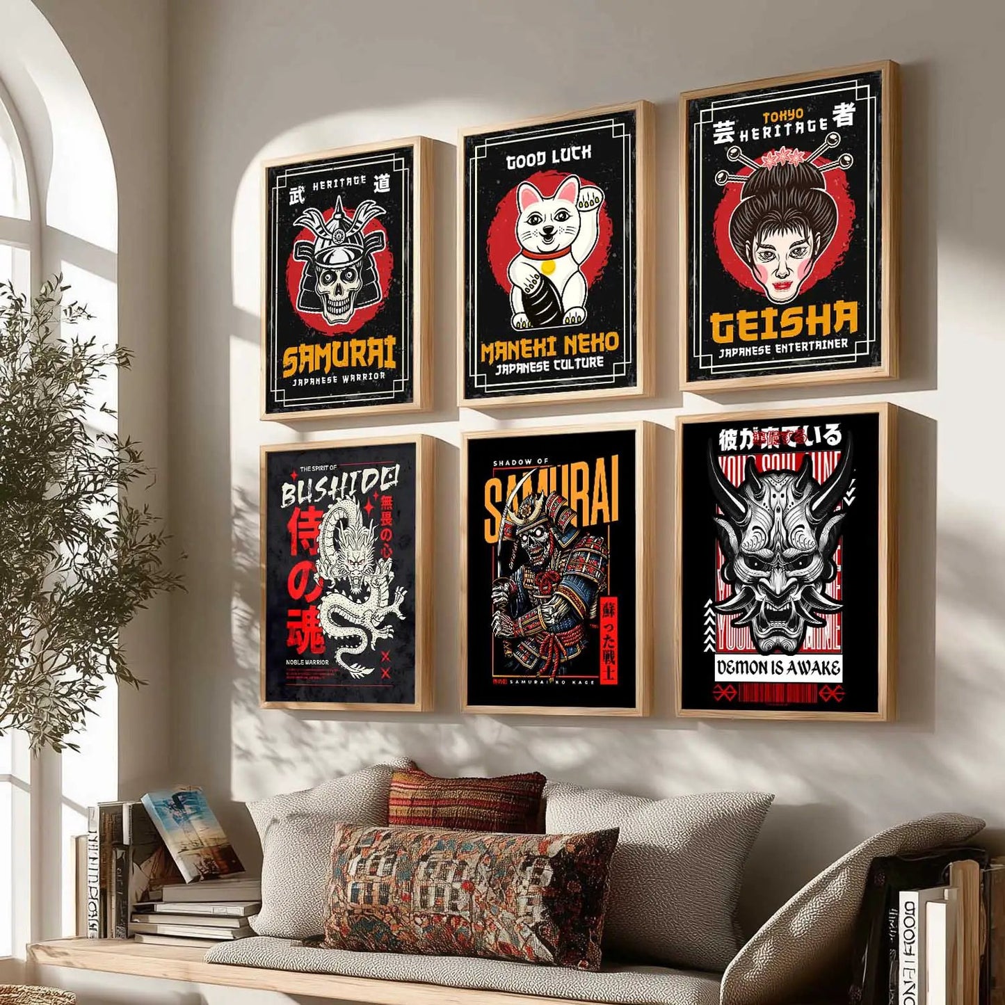 Samurai Japanese Aesthetic Wall Art Paintings with Frame for Living Room Bedroom