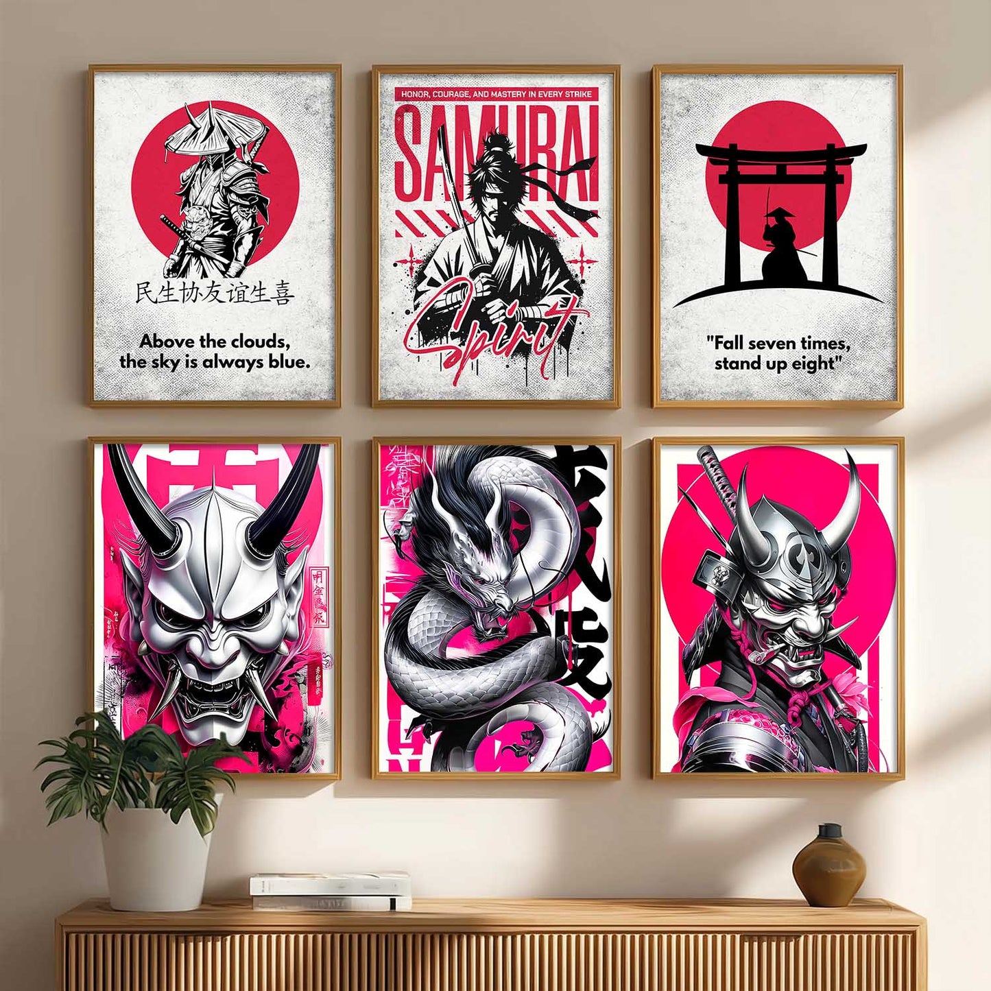 Samurai Japanese Devil Masks Wall Art Paintings with Frame for Living Room Bedroom