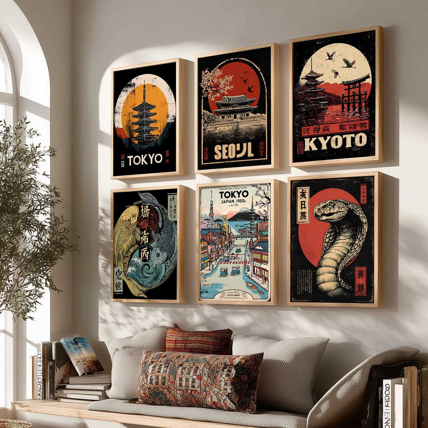 Japanese Nature and City View Wall Art Paintings with Frame for Living Room Bedroom