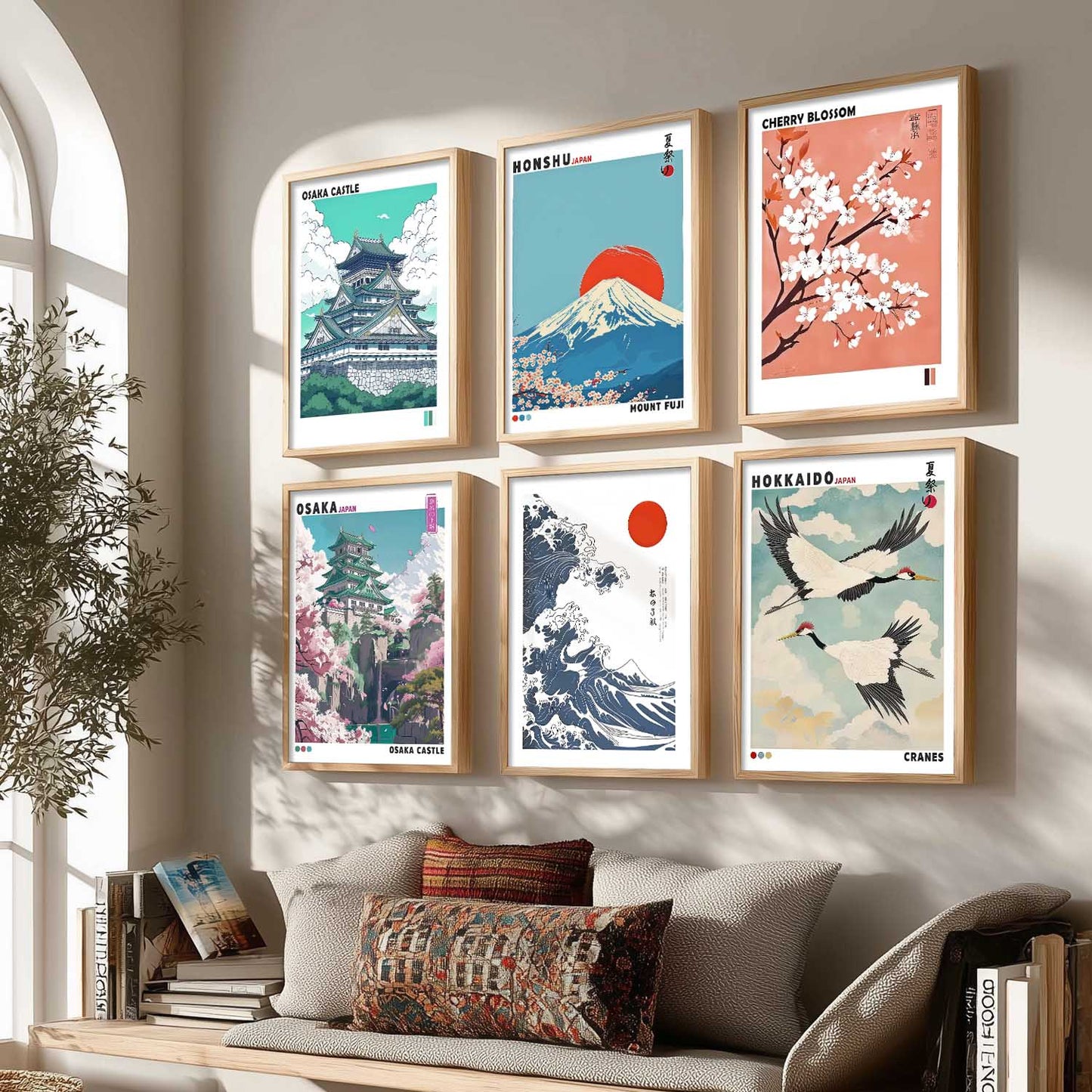 Japanese Nature Art and City View Aesthetic Wall Art Paintings with Frame for Living Room Bedroom