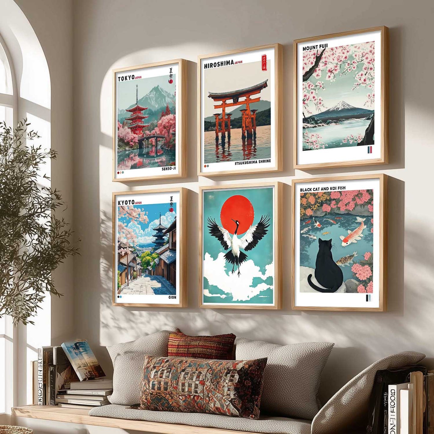 Japanese Nature Art and City View Aesthetic Wall Art Paintings with Frame for Living Room Bedroom