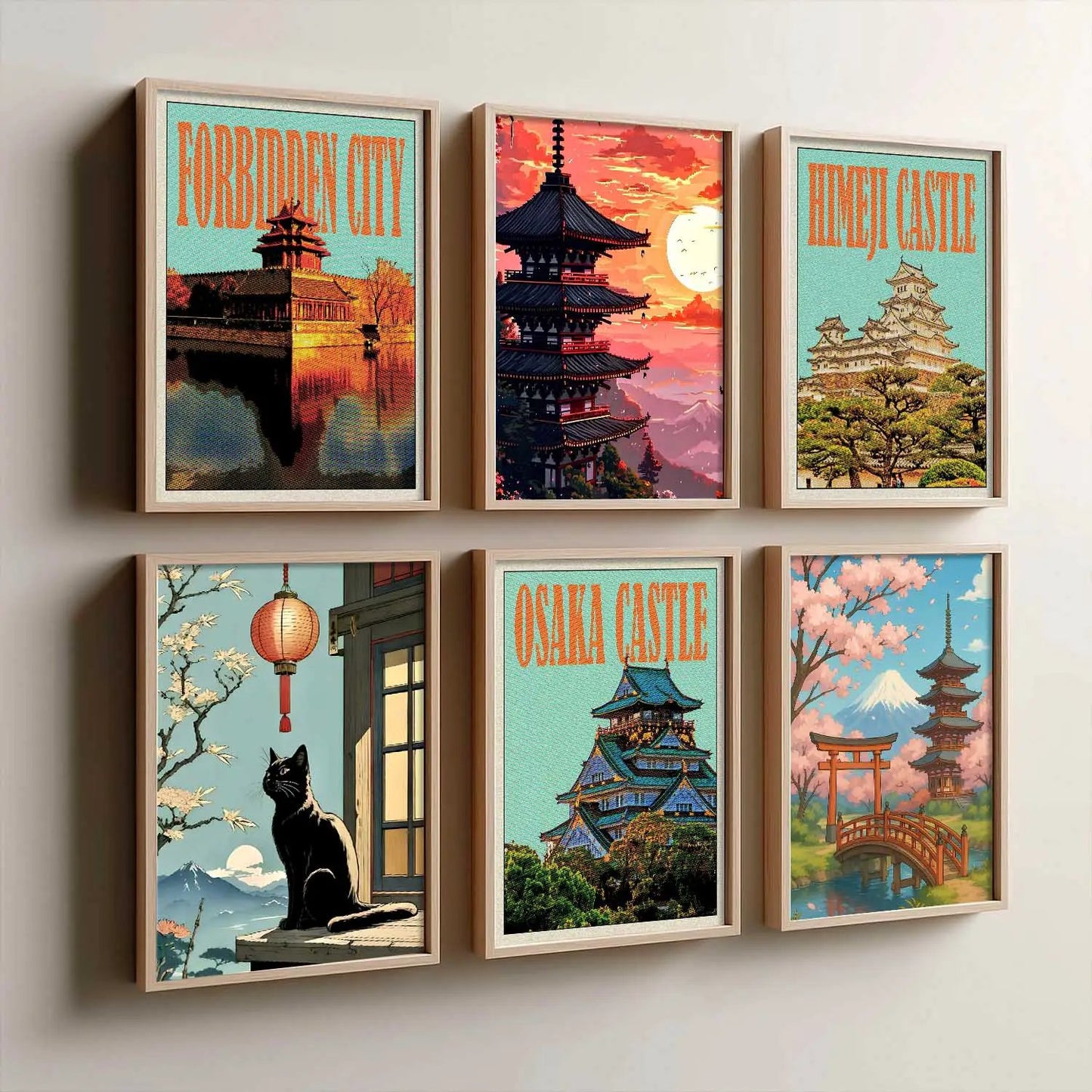 Japanese Nature and City View Wall Art Paintings with Frame for Living Room Bedroom