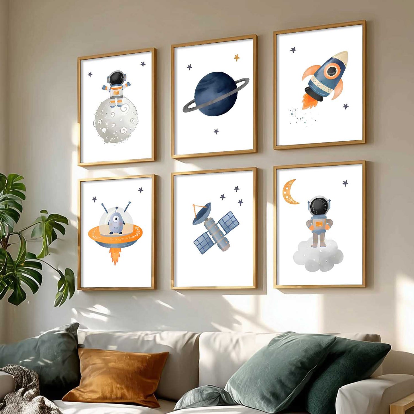 Retro Space Astronaut Planet Rocket Wall Art Paintings with Frame for Living Room Kids Bedroom