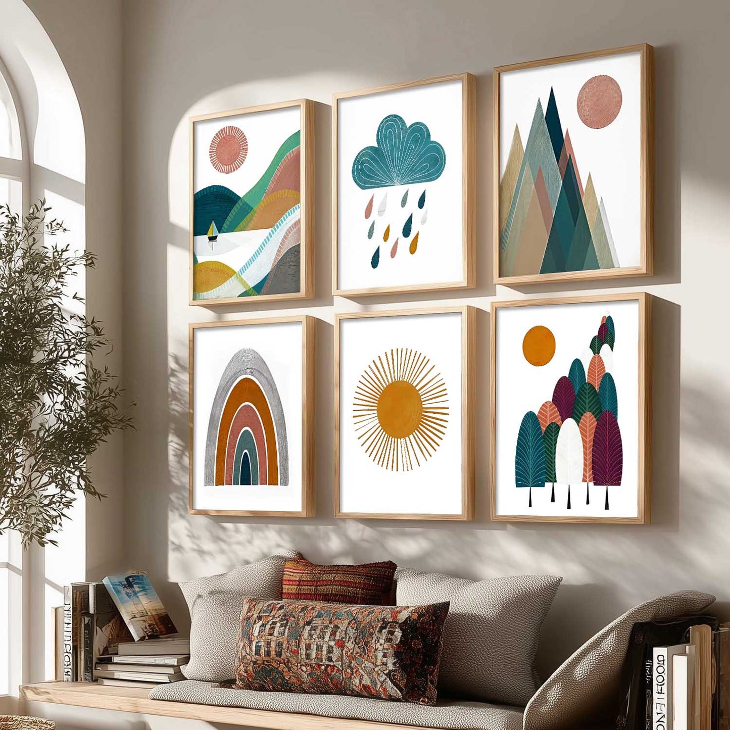Boho Wall Art Paintings with Frame for Living Room Bedroom