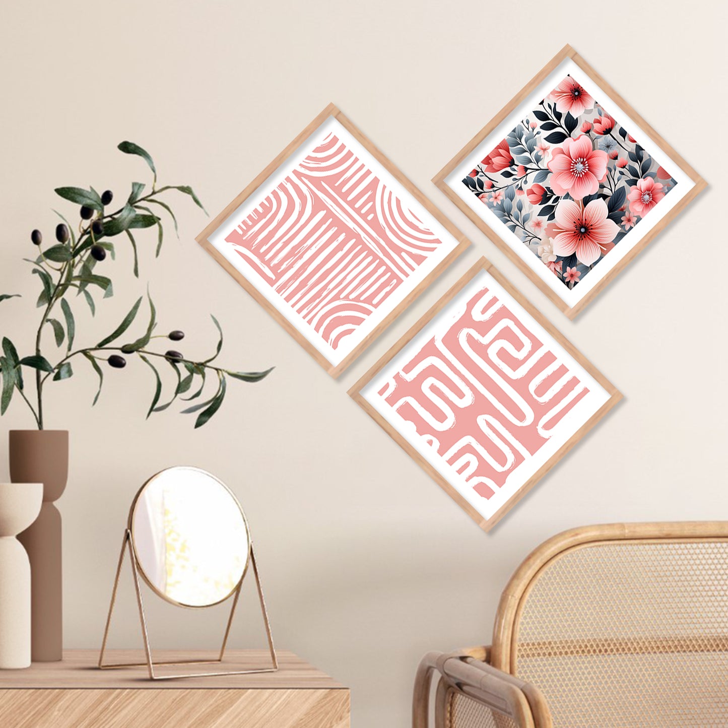 Nature Inspired Pink Floral Art Set of Home Living Room Bedroom Office Wall decor