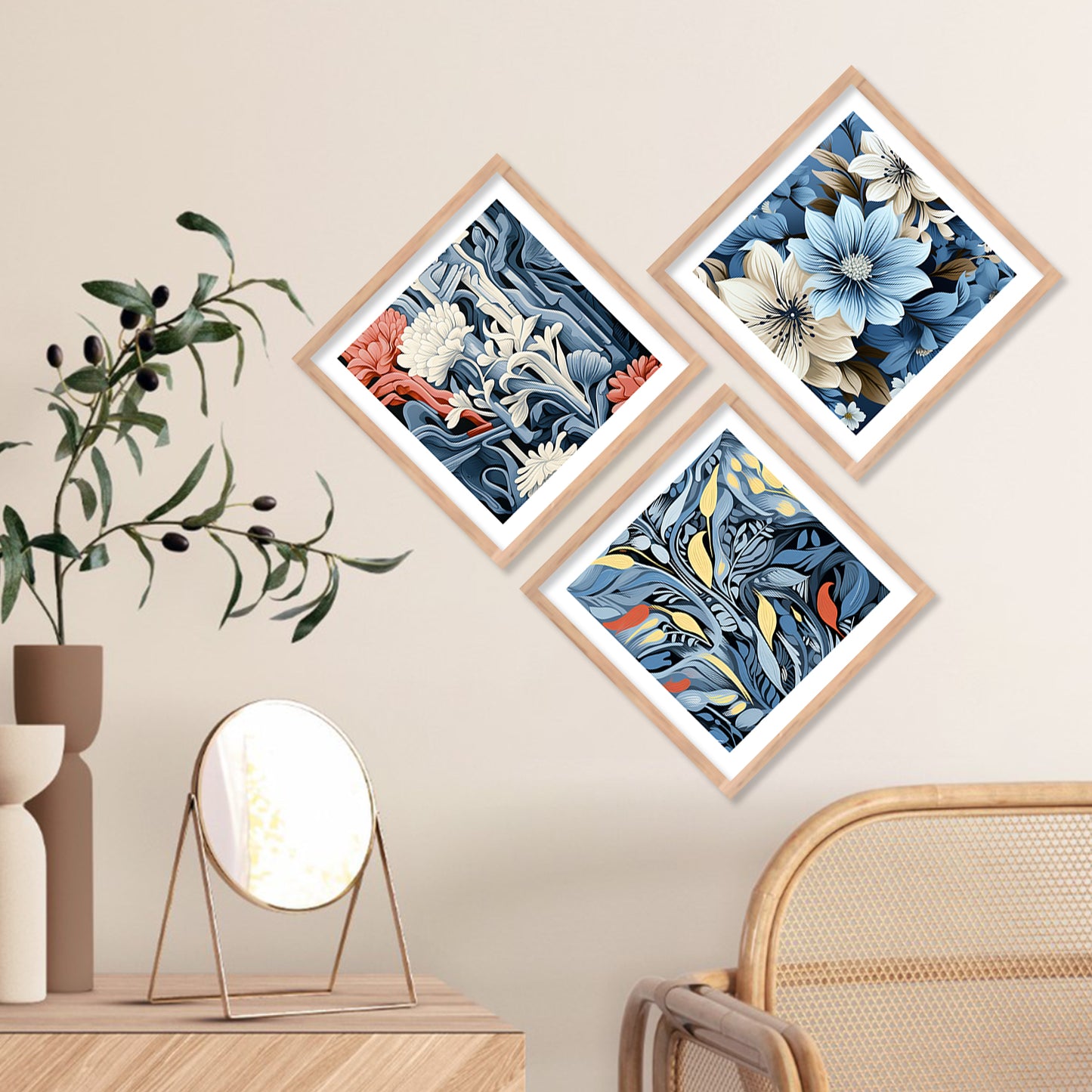 Nature Inspired Blue Floral Art Prints Set of Home Living Room Bedroom Office Wall decor