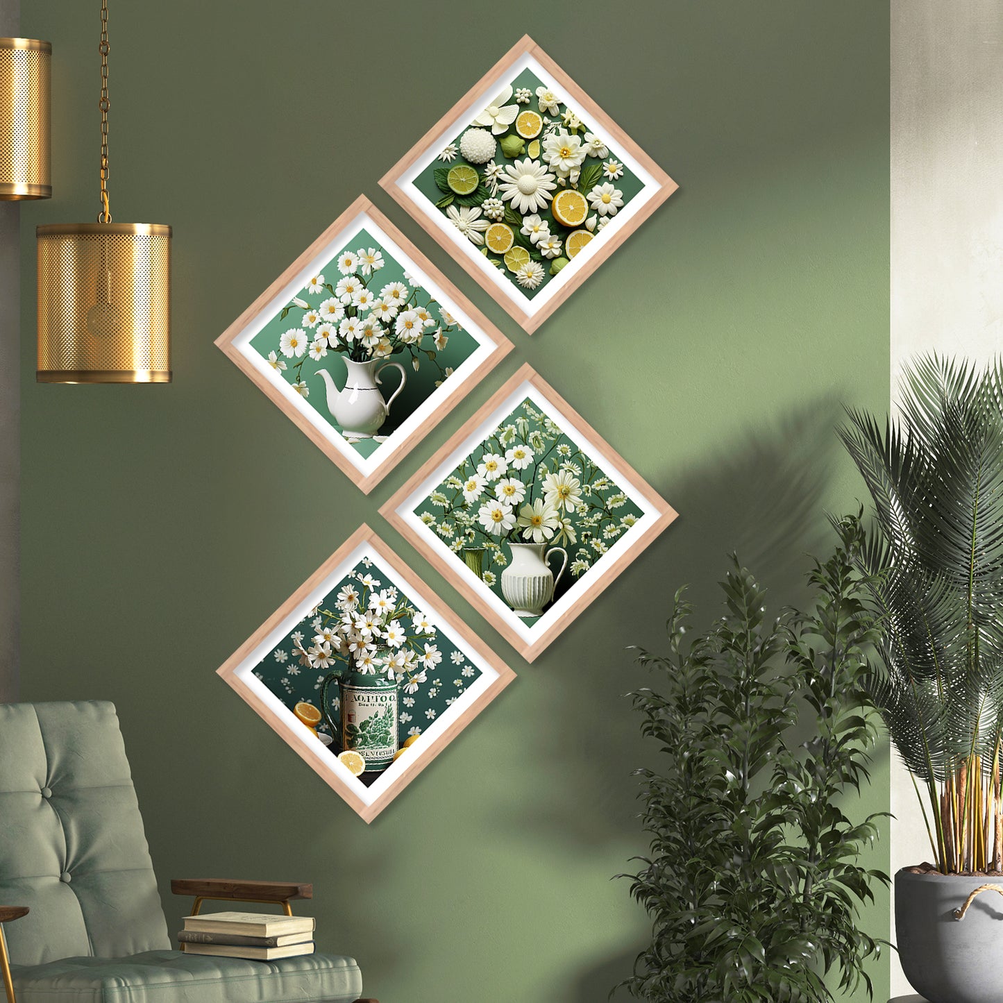 Nature Inspired Green and White Floral Art Prints Set of Home Living Room Bedroom Office Wall decor