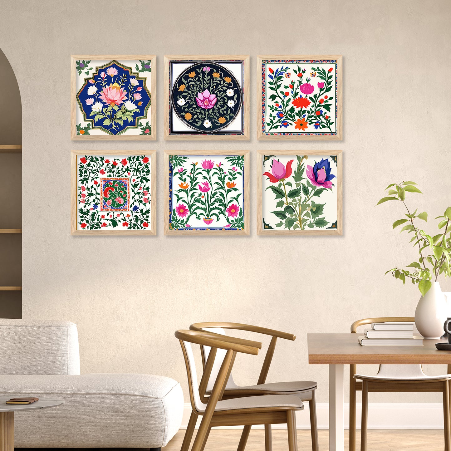 Traditional Indian Madhubani Art Prints with Frame for Living Room Bedroom Home and Office Wall Decor Set of 6