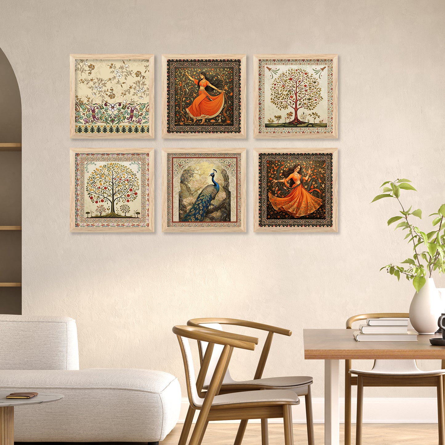 Traditional Indian Madhubani Art Prints with Frame for Living Room Bedroom Home and Office Wall Decor Set of 6