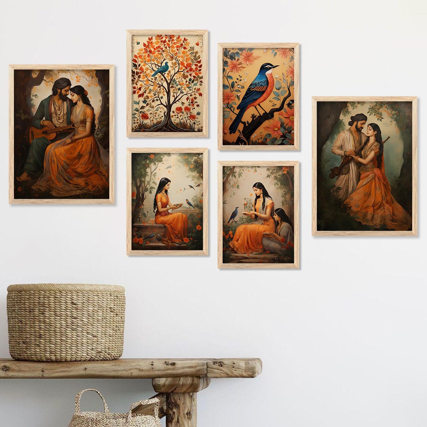 Traditional Indian Inspired Madhubani Art Prints with Frame for Living Room Bedroom Home and Office Wall Decor Set of 6