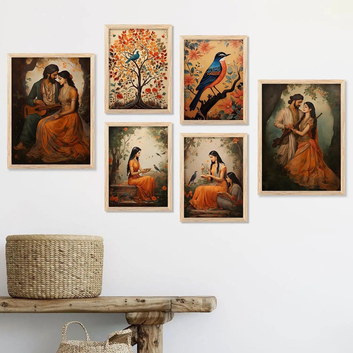 Traditional Indian Inspired Madhubani Art Prints with Frame for Living Room Bedroom Home and Office Wall Decor Set of 6
