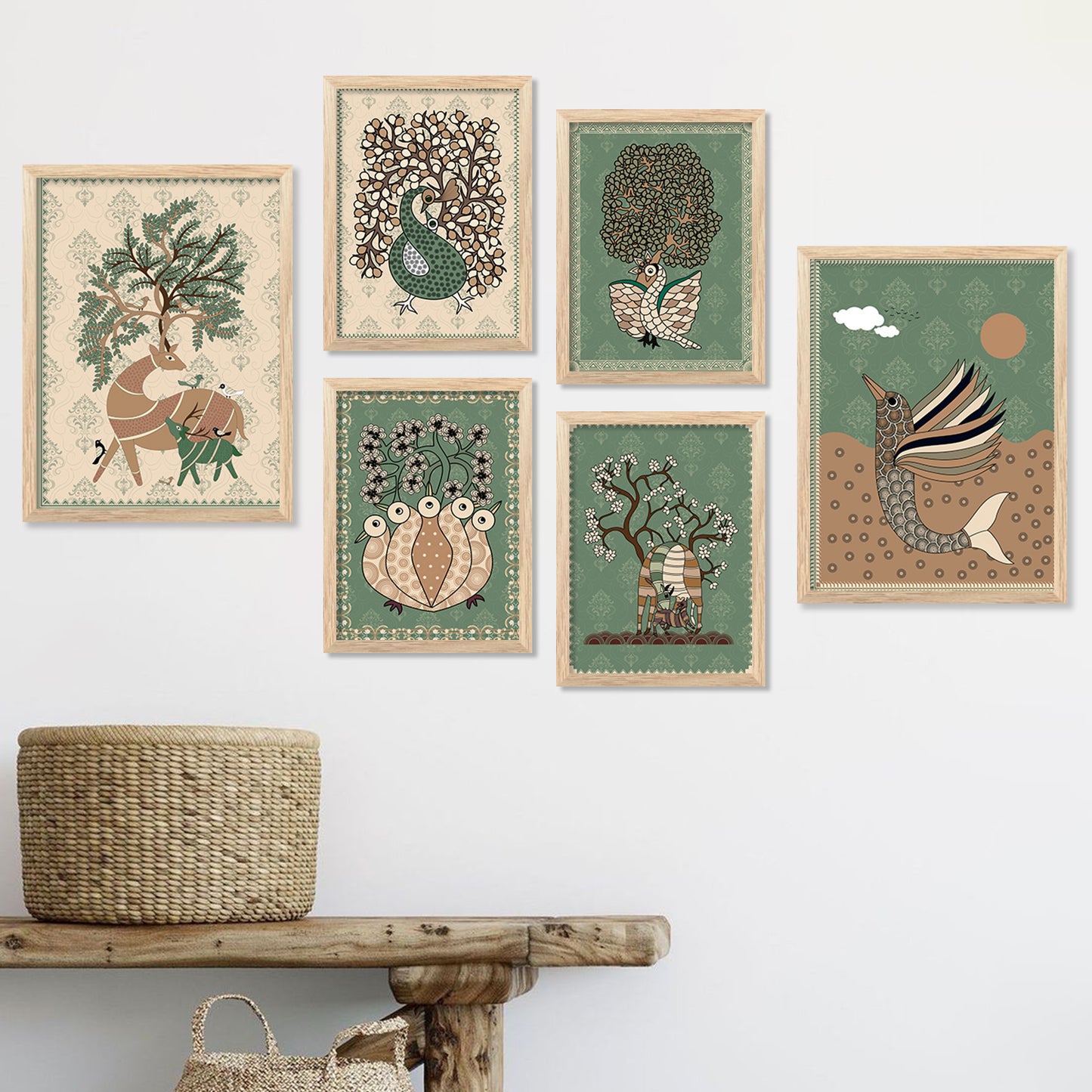 Traditional Indian Prints with Frame for Living Room Bedroom Home and Office Wall Decor Set of 6