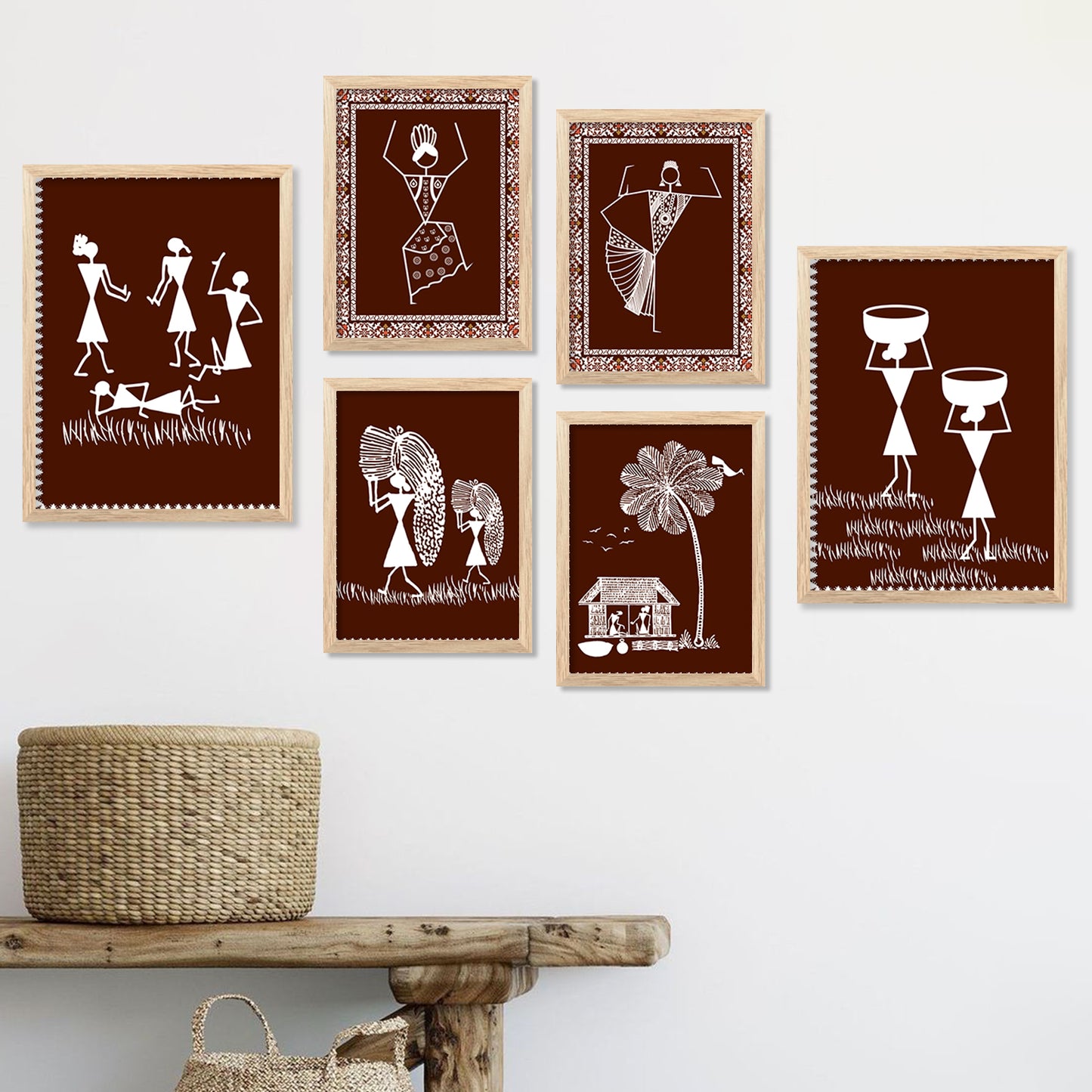 Traditional Indian Prints with Frame for Living Room Bedroom Home and Office Wall Decor Set of 6