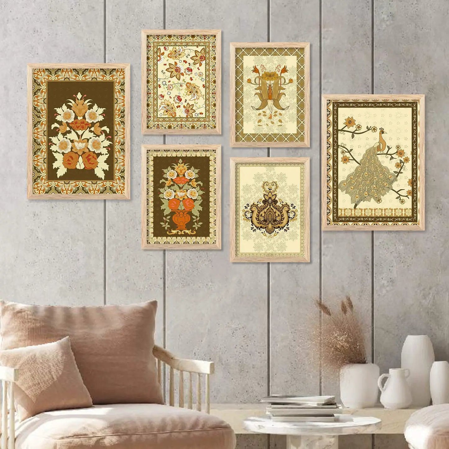 Traditional Indian Prints with Frame for Living Room Bedroom Home and Office Wall Decor Set of 6